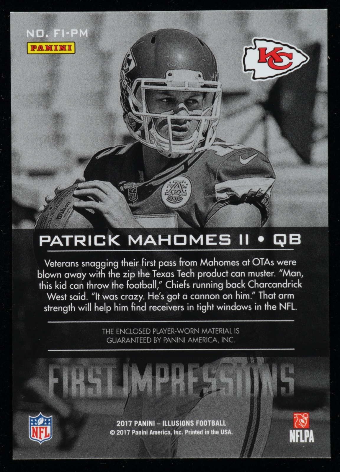 Patrick Mahomes II 2017 Panini Illusions First Impressions Memorabilia Blue #7 RC at PristineAuction.com Patrick Mahomes II 2017 Panini Illusions First Impressions Memorabilia Blue #7 RC at PristineAuction.com
