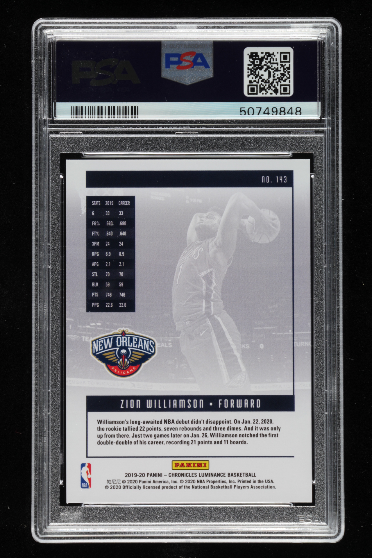 Zion Williamson 2019-20 Panini Chronicles #143 Luminance (PSA 9) at PristineAuction.com Zion Williamson 2019-20 Panini Chronicles #143 Luminance (PSA 9) at PristineAuction.com
