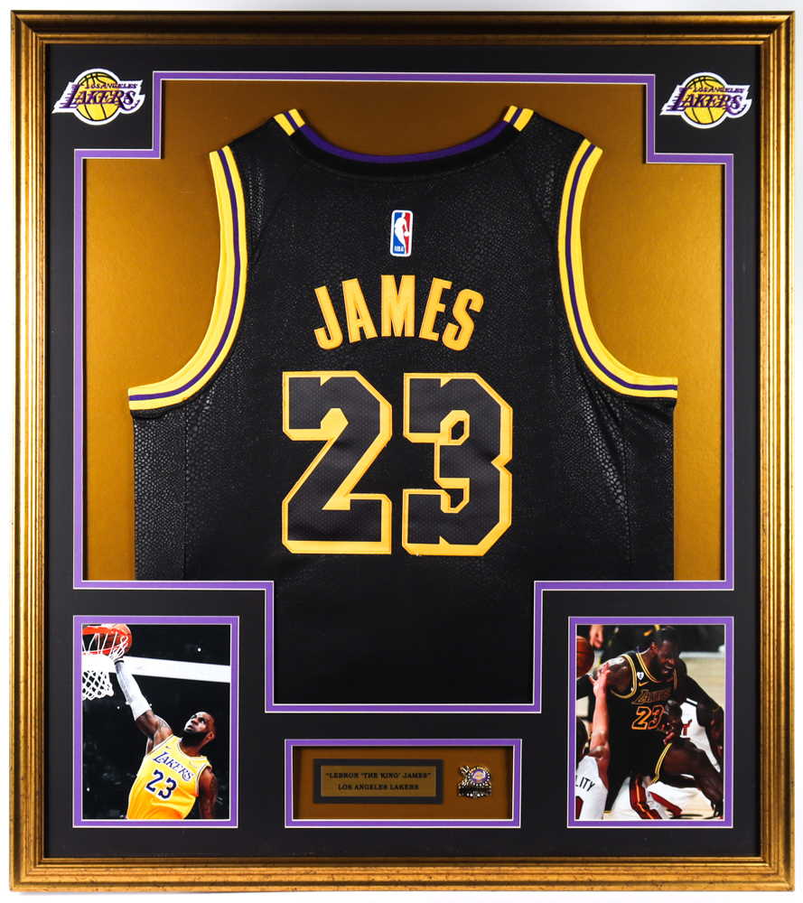 LeBron James 33x36 Custom Framed Jersey Display With 2020 Lakers World Champions Pin at PristineAuction.com LeBron James 33x36 Custom Framed Jersey Display With 2020 Lakers World Champions Pin at PristineAuction.com