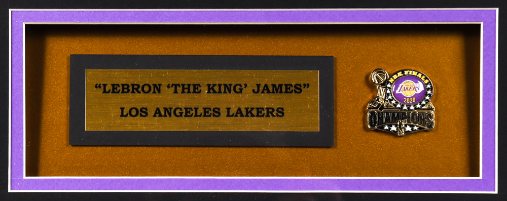 LeBron James 33x36 Custom Framed Jersey Display With 2020 Lakers World Champions Pin at PristineAuction.com LeBron James 33x36 Custom Framed Jersey Display With 2020 Lakers World Champions Pin at PristineAuction.com