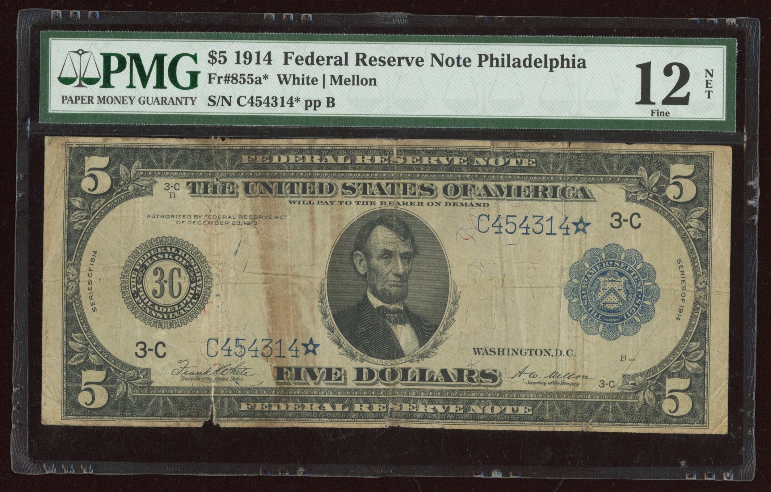 1914 $5 Five-Dollar Blue Seal U.S. Large-Size Federal Reserve Star Note (PMG 12) at PristineAuction.com 1914 $5 Five-Dollar Blue Seal U.S. Large-Size Federal Reserve Star Note (PMG 12) at PristineAuction.com