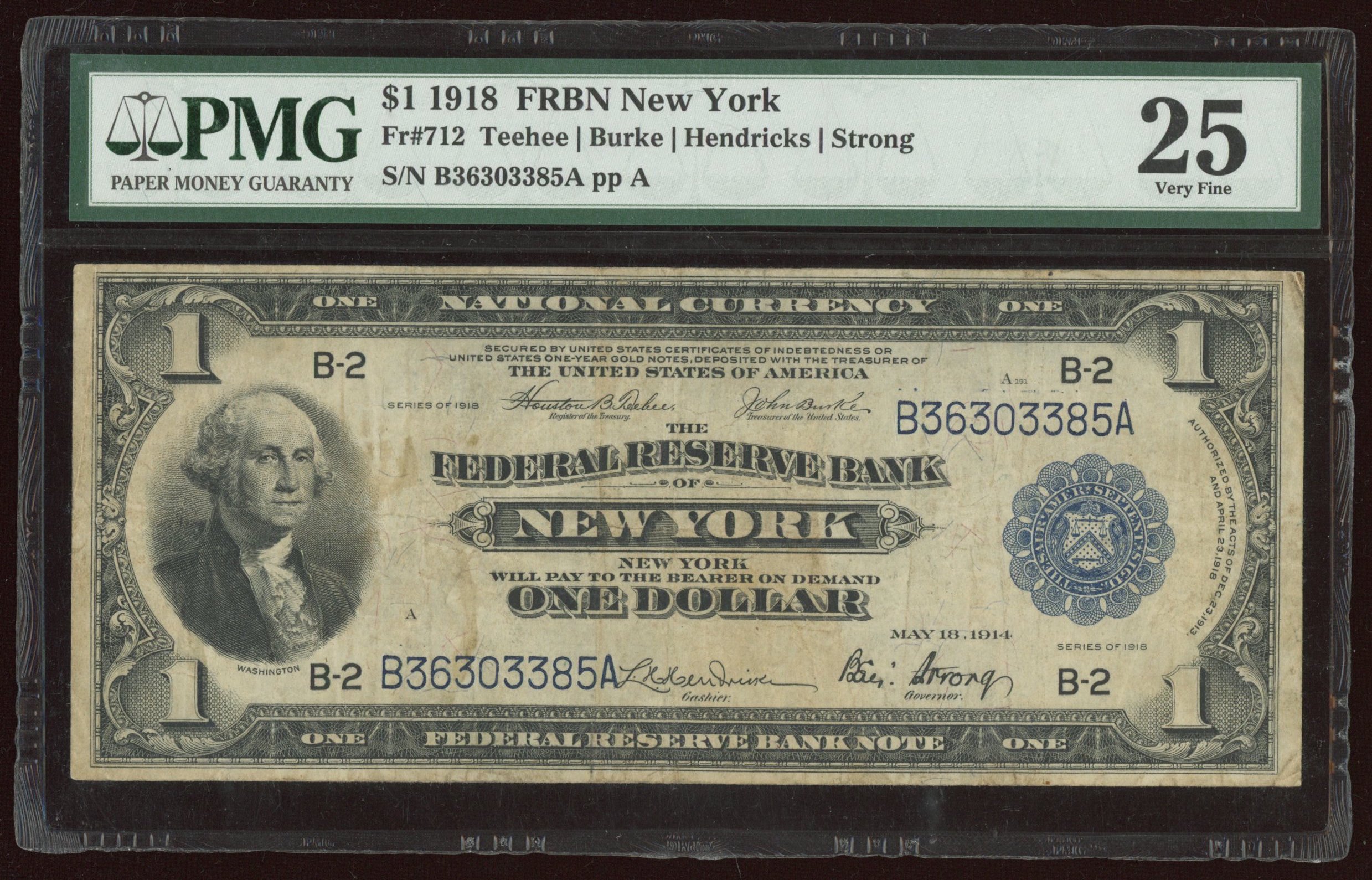 1918 $1 One-Dollar U.S. National Currency Large-Size Bank Note - The Federal Reserve Bank of New York, New York (PMG 25) at PristineAuction.com 1918 $1 One-Dollar U.S. National Currency Large-Size Bank Note - The Federal Reserve Bank of New York, New York (PMG 25) at PristineAuction.com