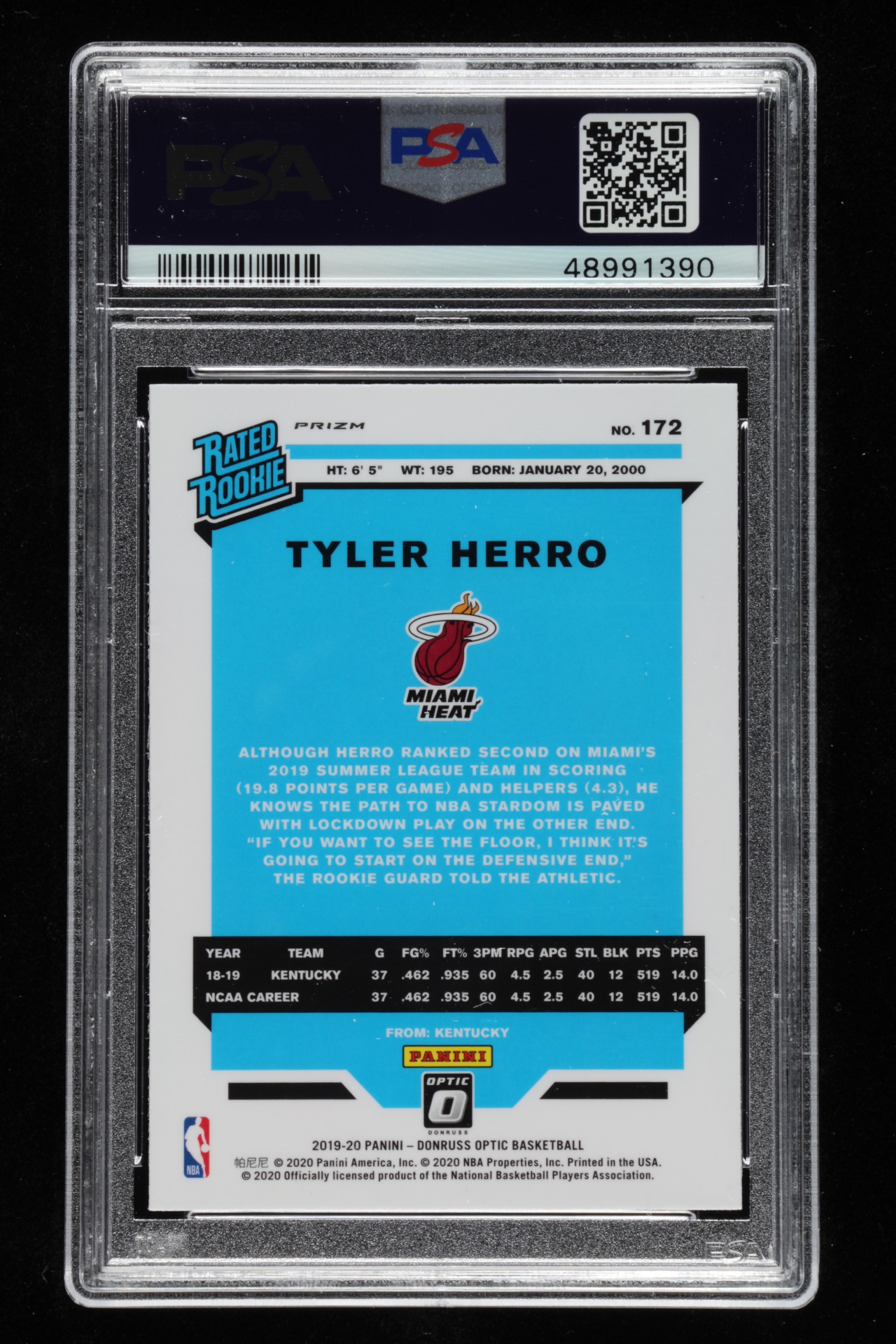 Tyler Herro 2019-20 Panini Donruss Optic Blue Velocity #172 RC (PSA 10) at PristineAuction.com Tyler Herro 2019-20 Panini Donruss Optic Blue Velocity #172 RC (PSA 10) at PristineAuction.com