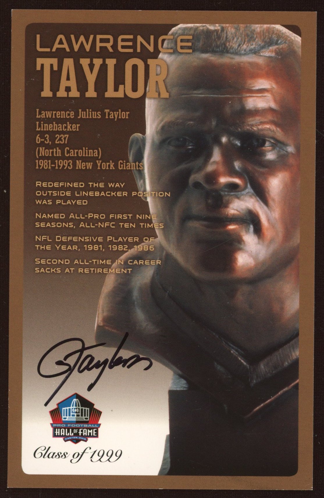 Lawrence Taylor Signed LE Bronze Bust Football Hall of Fame Postcard (Pro Football Hall of Fame COA) at PristineAuction.com Lawrence Taylor Signed LE Bronze Bust Football Hall of Fame Postcard (Pro Football Hall of Fame COA) at PristineAuction.com