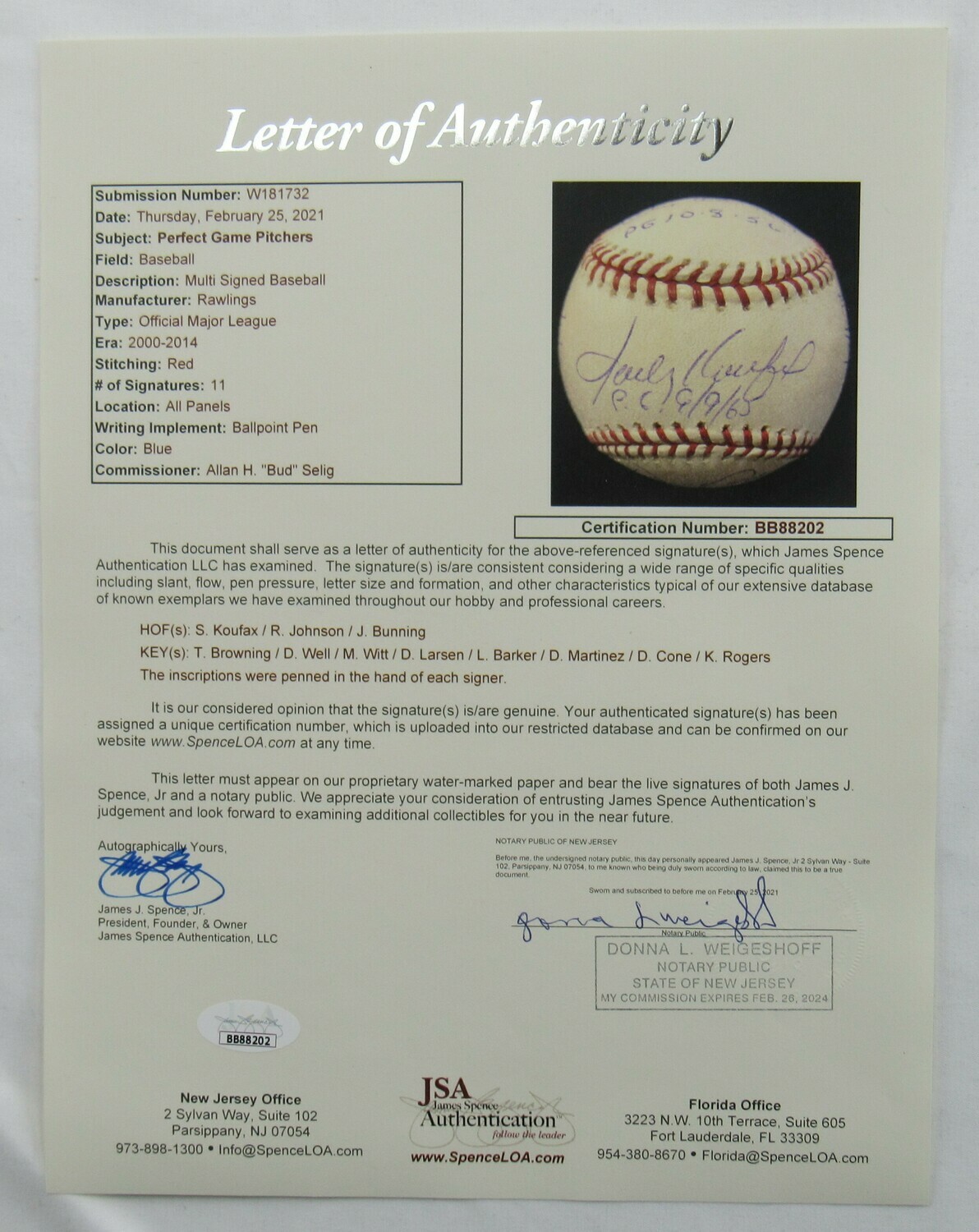 MLB Perfect Games OML Baseball Signed by (11) with Sandy Koufax, David Cone, Randy Johnson, Kenny Rogers, Don Larsen (JSA LOA) at PristineAuction.com MLB Perfect Games OML Baseball Signed by (11) with Sandy Koufax, David Cone, Randy Johnson, Kenny Rogers, Don Larsen (JSA LOA) at PristineAuction.com