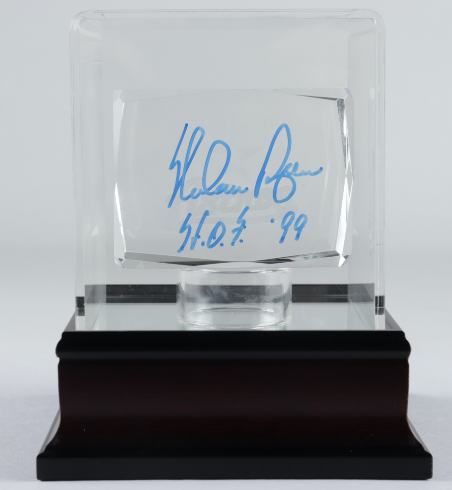 Nolan Ryan Signed Glass Paperweight Inscribed "H.O.F. '99" with Display