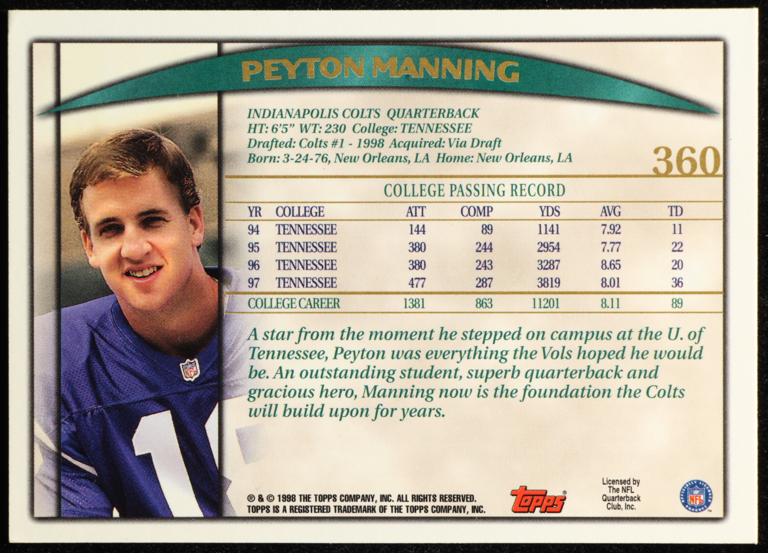 Peyton Manning 1998 Topps #360 RC at PristineAuction.com Peyton Manning 1998 Topps #360 RC at PristineAuction.com