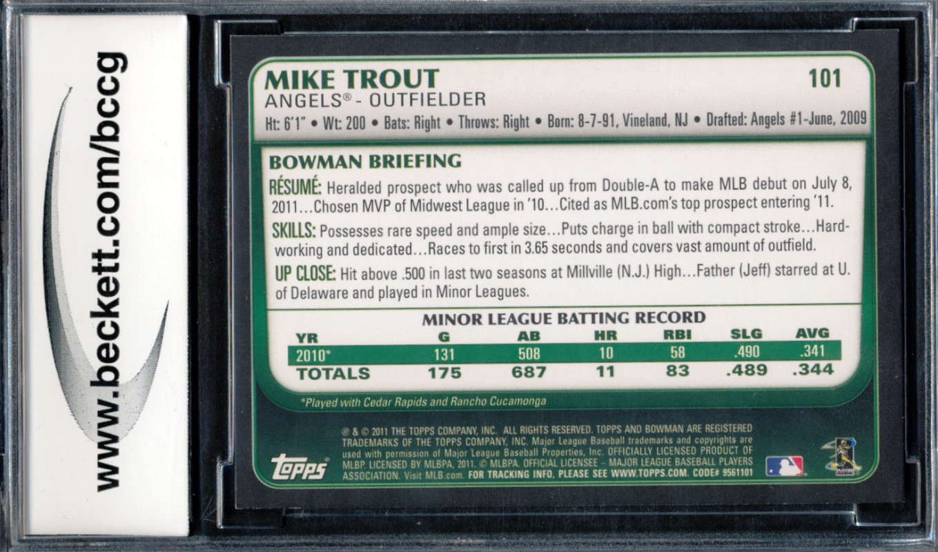 Mike Trout 2011 Bowman Draft #101 RC (BCCG 10) at PristineAuction.com Mike Trout 2011 Bowman Draft #101 RC (BCCG 10) at PristineAuction.com