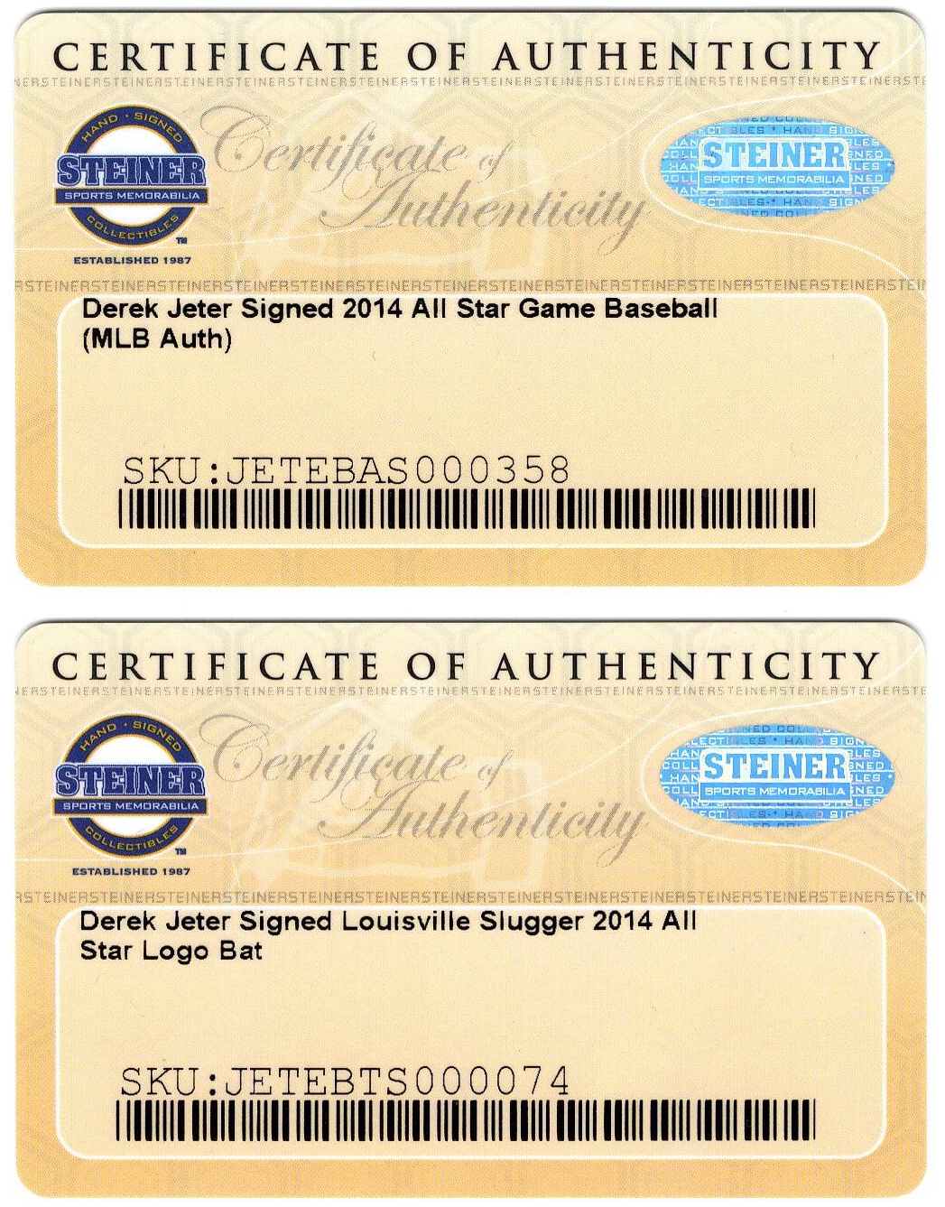 Set of (2) Derek Jeter Signed 2014 All-Star Game Items with Louisville Slugger Bat & Baseball (Steiner COA & MLB Authentication Hologram) at PristineAuction.com Set of (2) Derek Jeter Signed 2014 All-Star Game Items with Louisville Slugger Bat & Baseball (Steiner COA & MLB Authentication Hologram) at PristineAuction.com