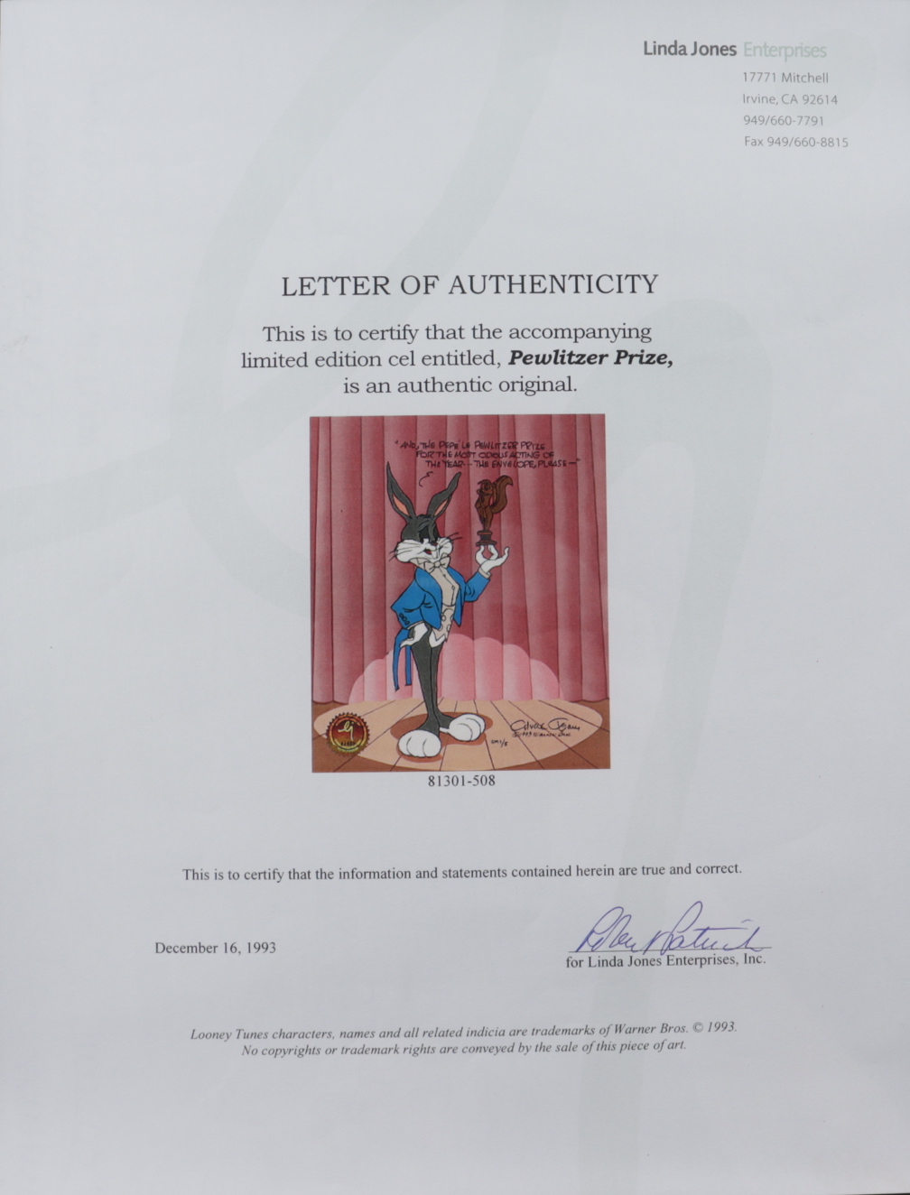 Chuck Jones Signed "Pewlitzer Prize" Sold Out Limited Edition 10x12 Animation Cel at PristineAuction.com Chuck Jones Signed "Pewlitzer Prize" Sold Out Limited Edition 10x12 Animation Cel at PristineAuction.com