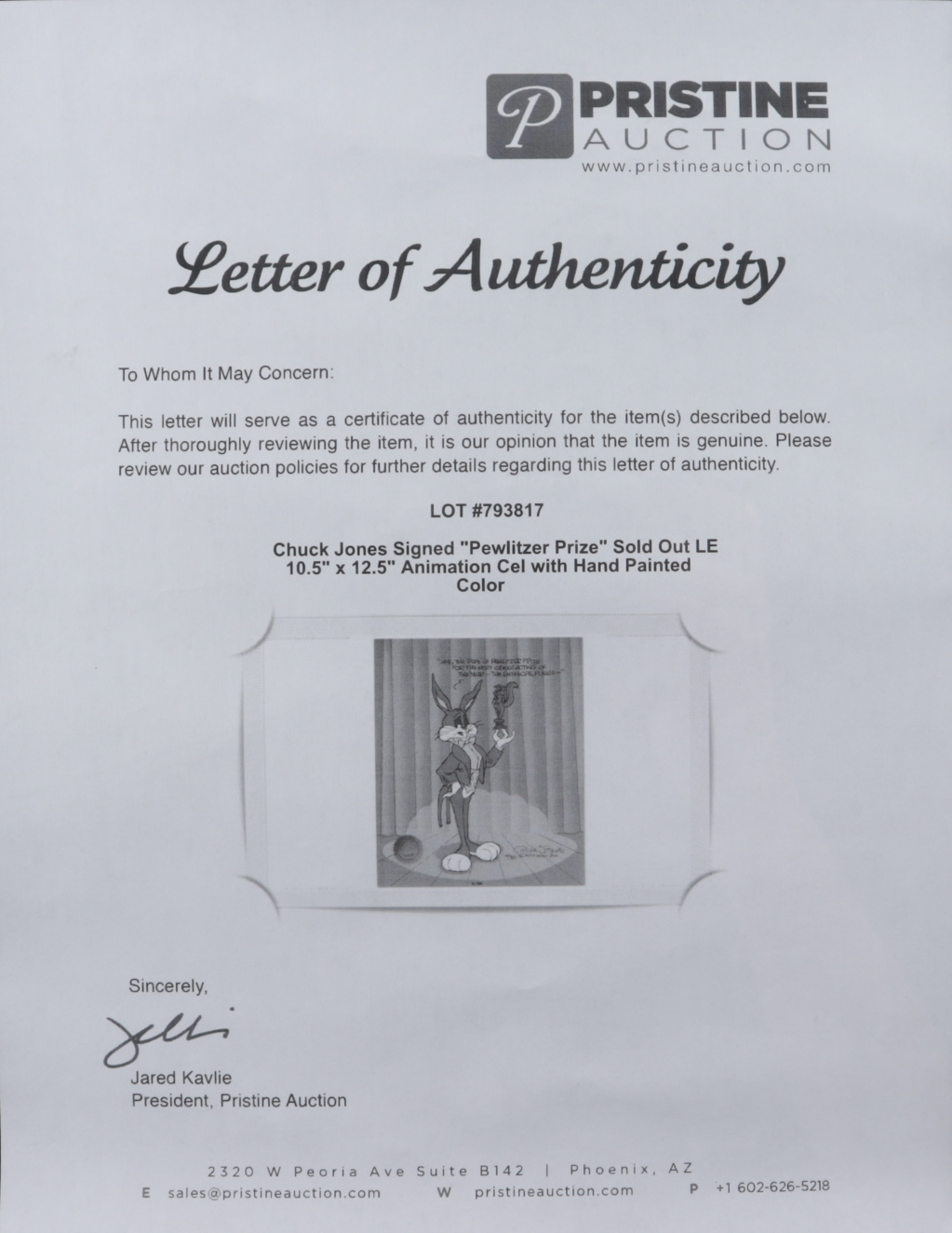 Chuck Jones Signed "Pewlitzer Prize" Sold Out Limited Edition 10x12 Animation Cel at PristineAuction.com Chuck Jones Signed "Pewlitzer Prize" Sold Out Limited Edition 10x12 Animation Cel at PristineAuction.com