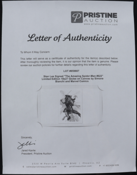 Stan Lee Signed "The Amazing Spider-Man #622" Limited Edition 18x27 Giclee on Canvas by Simone Bianchi and Marvel Comics at PristineAuction.com Stan Lee Signed "The Amazing Spider-Man #622" Limited Edition 18x27 Giclee on Canvas by Simone Bianchi and Marvel Comics at PristineAuction.com