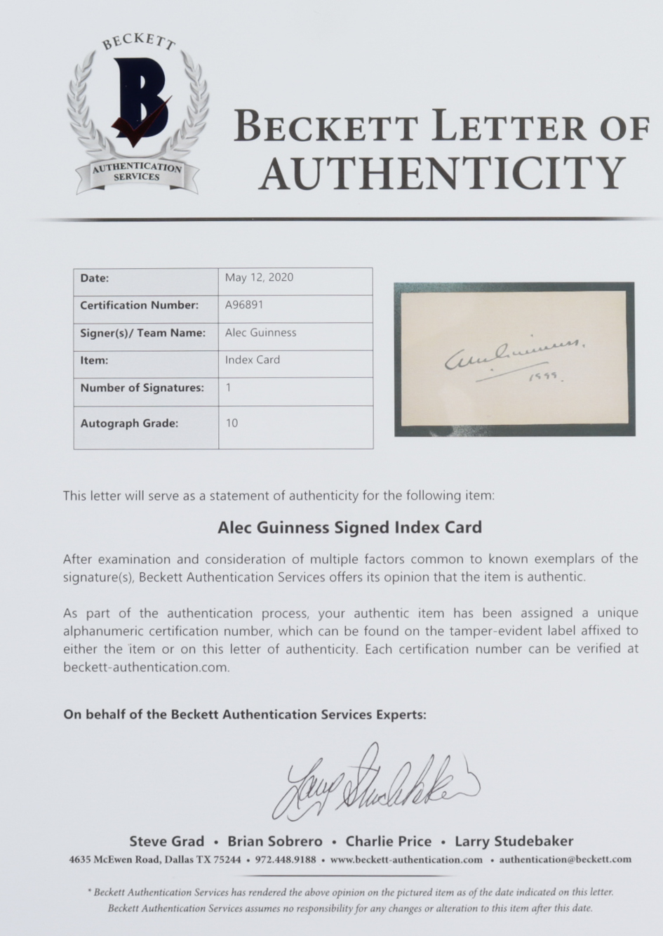 Alec Guinness Signed 12.5x15.5 Custom Framed Cut Display Inscribed "1999" (Beckett LOA) at PristineAuction.com Alec Guinness Signed 12.5x15.5 Custom Framed Cut Display Inscribed "1999" (Beckett LOA) at PristineAuction.com