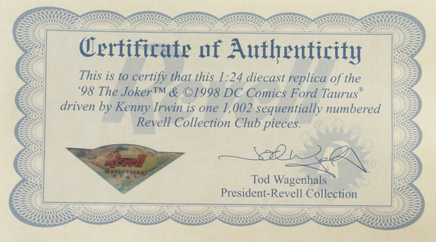 Kenny Irwin LE #28 Joker 1998 Ford Taurus 1:24 Scale Die Cast Car with Display Case at PristineAuction.com Kenny Irwin LE #28 Joker 1998 Ford Taurus 1:24 Scale Die Cast Car with Display Case at PristineAuction.com