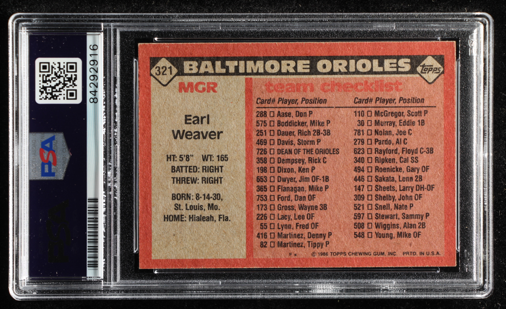 Earl Weaver Signed 1986 Topps #321 MG (PSA Encapsulated) at PristineAuction.com Earl Weaver Signed 1986 Topps #321 MG (PSA Encapsulated) at PristineAuction.com