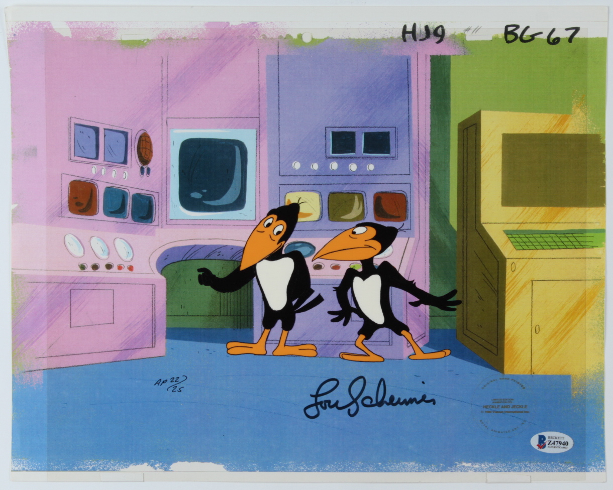 Lou Scheimer Signed "Heckle & Jeckle" 11x14 Original (2) Piece Hand Painted Animation Cel (Beckett COA) at PristineAuction.com Lou Scheimer Signed "Heckle & Jeckle" 11x14 Original (2) Piece Hand Painted Animation Cel (Beckett COA) at PristineAuction.com