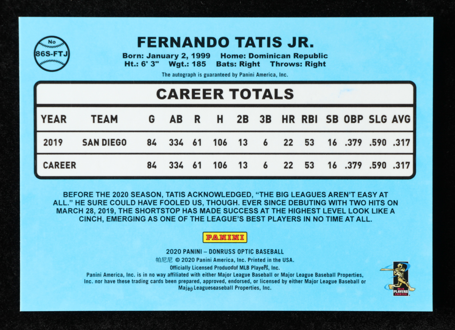 Fernando Tatis Jr. 2020 Donruss Optic Autograph #86S-FTJ at PristineAuction.com Fernando Tatis Jr. 2020 Donruss Optic Autograph #86S-FTJ at PristineAuction.com