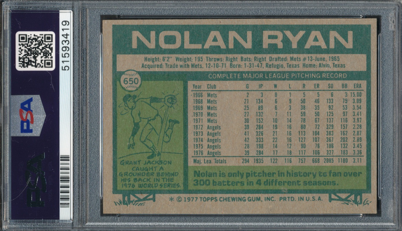 Nolan Ryan Signed 1977 Topps 650 (PSA Encapsulated) Pristine Auction