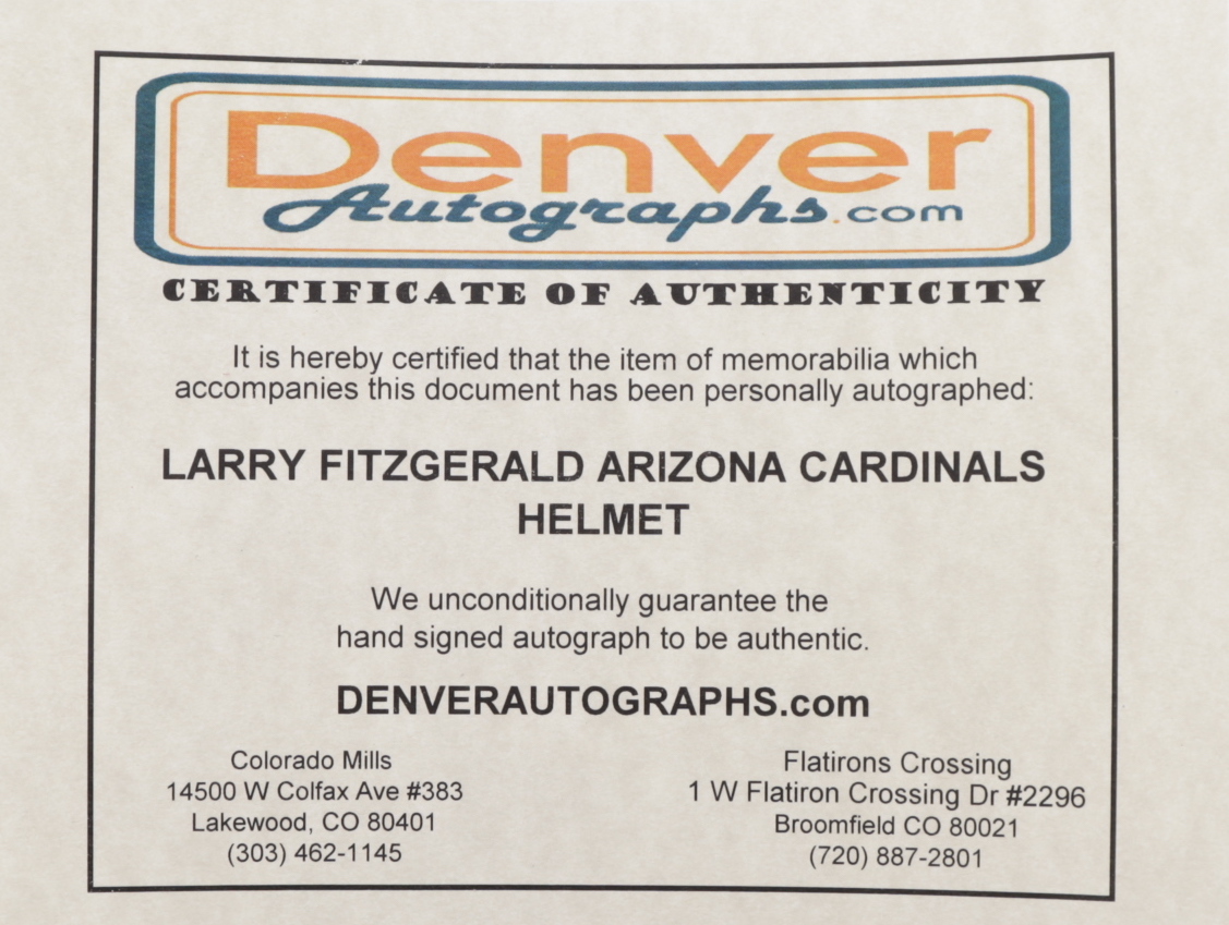 Larry Fitzgerald Signed Cardinals Full-Size Matte White Authentic On-Field Speed Helmet (Beckett COA) at PristineAuction.com Larry Fitzgerald Signed Cardinals Full-Size Matte White Authentic On-Field Speed Helmet (Beckett COA) at PristineAuction.com