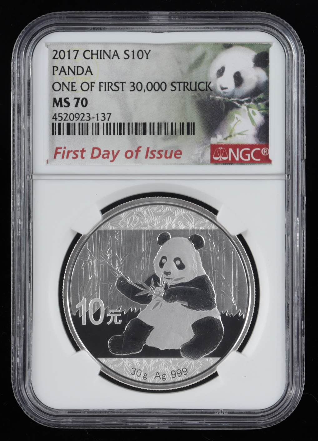 2017 Panda Chinese 10 Yen 30 Grams .999 Silver Coin (PCGS MS70) at PristineAuction.com 2017 Panda Chinese 10 Yen 30 Grams .999 Silver Coin (PCGS MS70) at PristineAuction.com