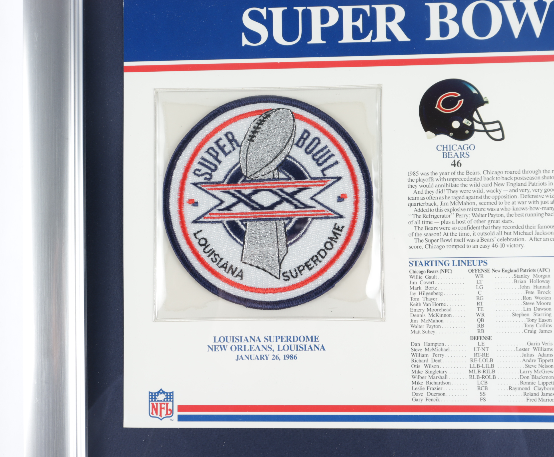 Super Bowl XX Commemorative 13x16 Custom Framed Score Card Display with Super Bowl Patch at PristineAuction.com Super Bowl XX Commemorative 13x16 Custom Framed Score Card Display with Super Bowl Patch at PristineAuction.com