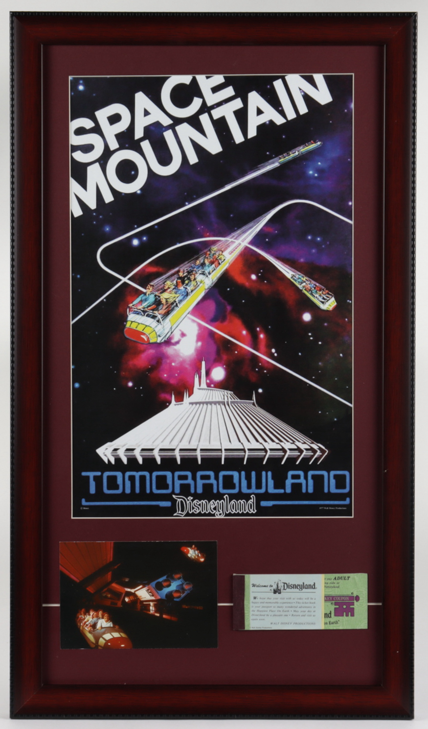 Disneyland "Space Mountain" 15x26 Custom Framed Print Display with Vintage Ticket Book & Postcard at PristineAuction.com Disneyland "Space Mountain" 15x26 Custom Framed Print Display with Vintage Ticket Book & Postcard at PristineAuction.com