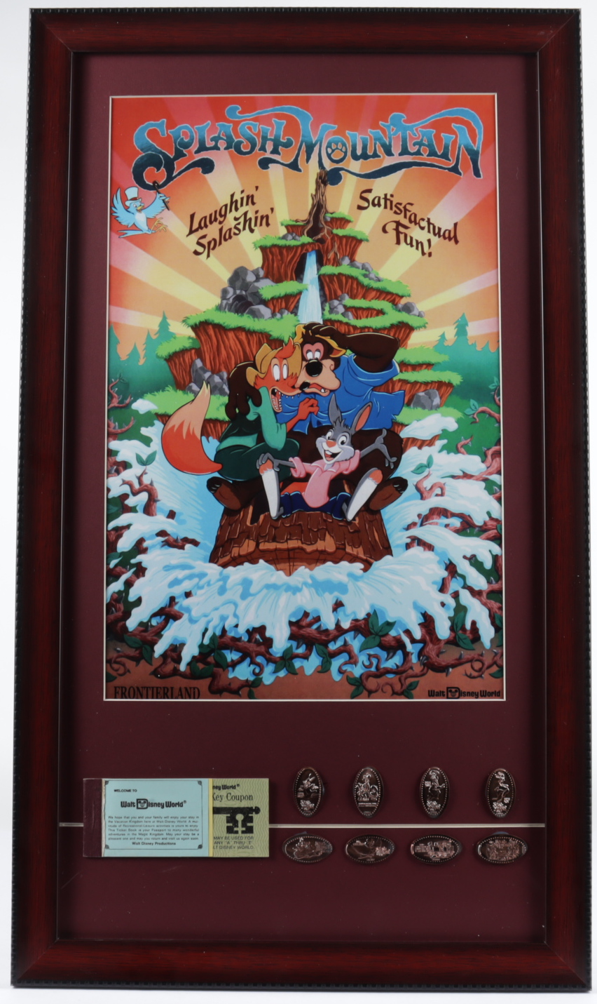 Disneyland "Splash Mountain" 15x26 Custom Framed Print Display with Vintage Ticket Booklet & Complete Set of (8) Splash Mountain Pressed Pennies at PristineAuction.com Disneyland "Splash Mountain" 15x26 Custom Framed Print Display with Vintage Ticket Booklet & Complete Set of (8) Splash Mountain Pressed Pennies at PristineAuction.com