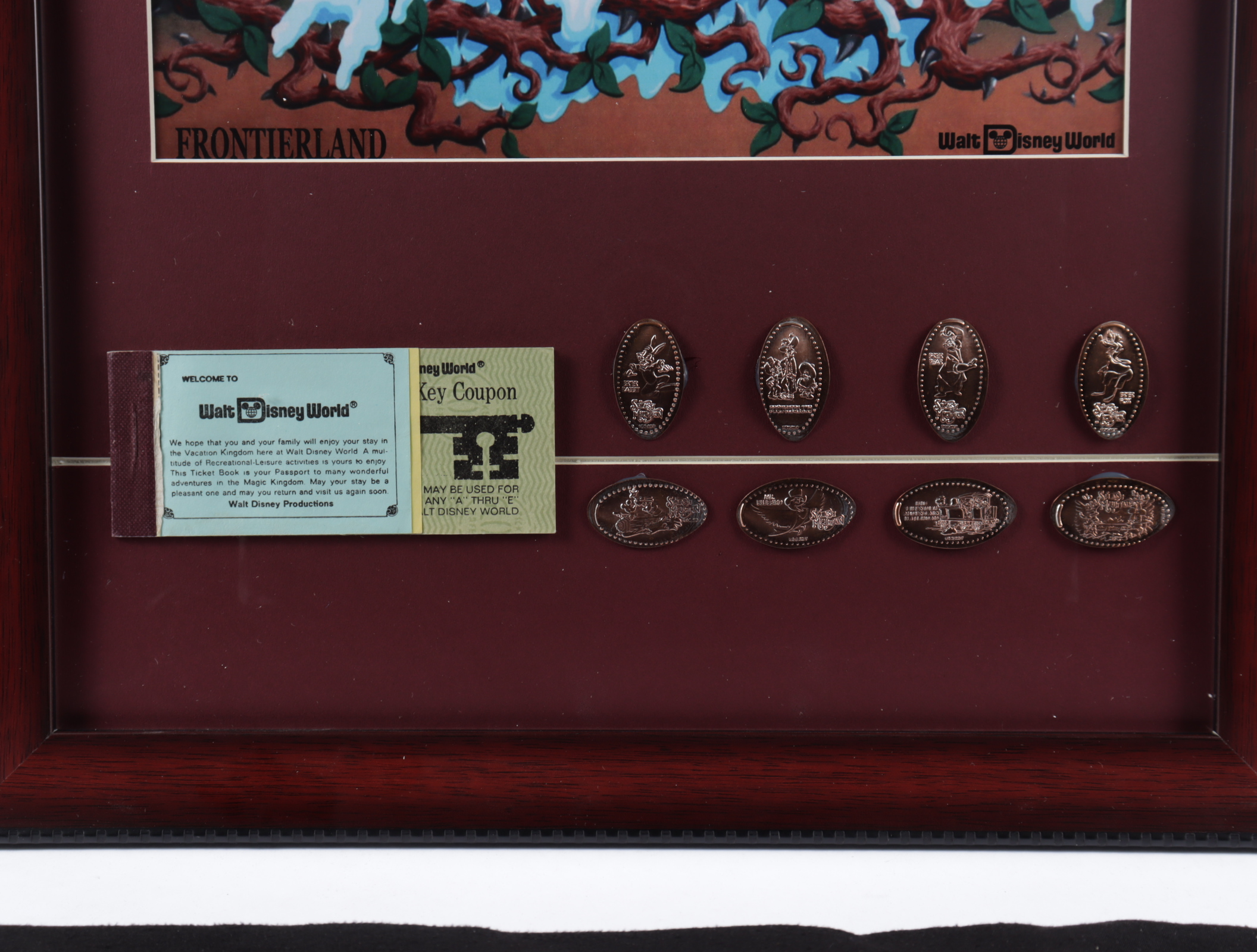 Disneyland "Splash Mountain" 15x26 Custom Framed Print Display with Vintage Ticket Booklet & Complete Set of (8) Splash Mountain Pressed Pennies at PristineAuction.com Disneyland "Splash Mountain" 15x26 Custom Framed Print Display with Vintage Ticket Booklet & Complete Set of (8) Splash Mountain Pressed Pennies at PristineAuction.com