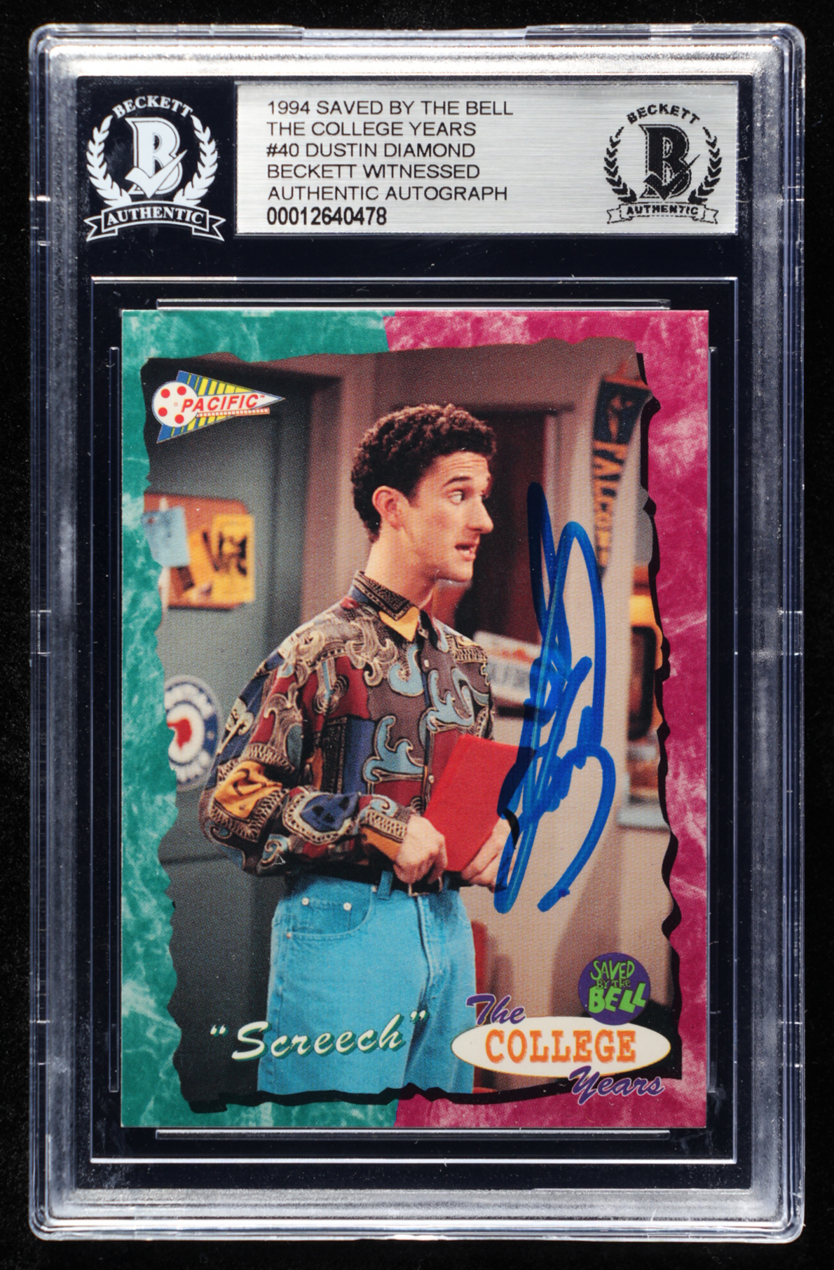 Dustin Diamond Signed 1994 "Saved by the Bell" The College Years #40 (BGS Encapsulated) at PristineAuction.com Dustin Diamond Signed 1994 "Saved by the Bell" The College Years #40 (BGS Encapsulated) at PristineAuction.com