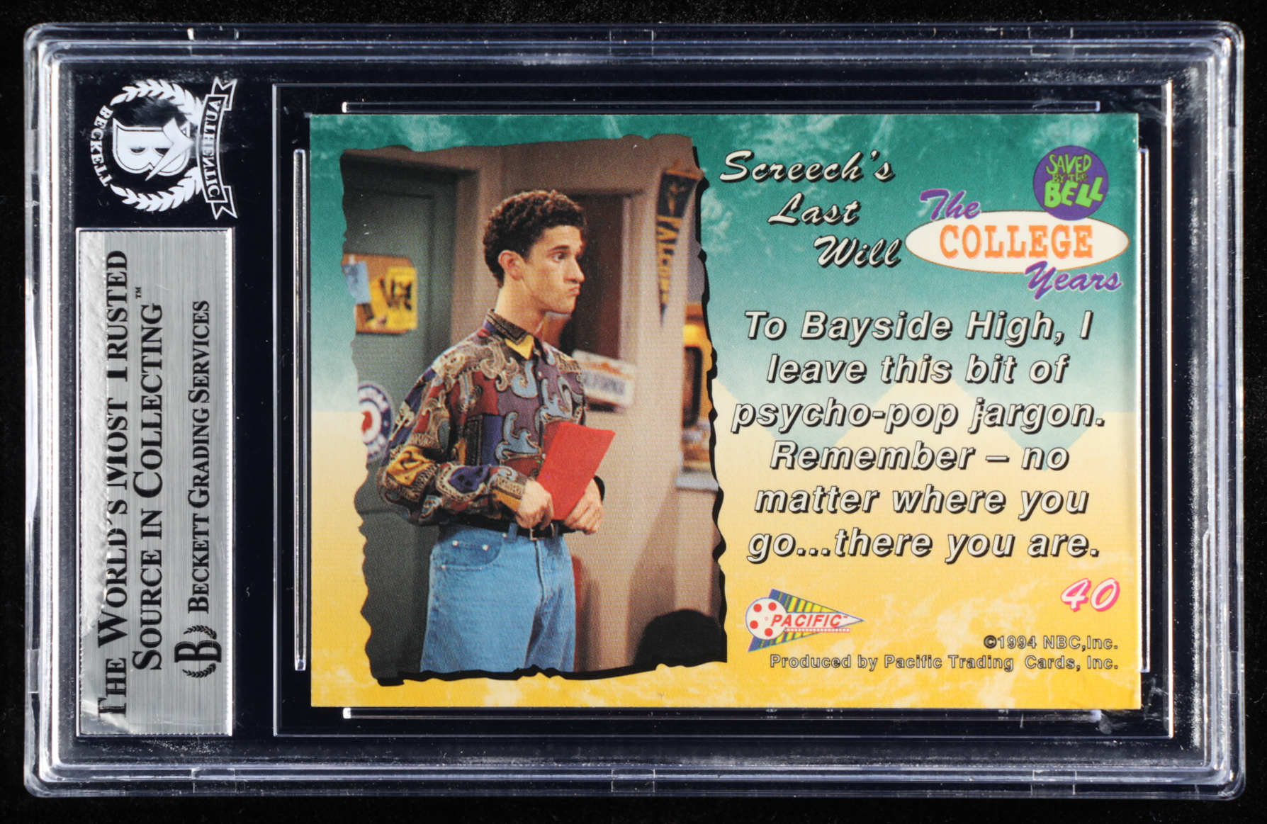 Dustin Diamond Signed 1994 "Saved by the Bell" The College Years #40 (BGS Encapsulated) at PristineAuction.com Dustin Diamond Signed 1994 "Saved by the Bell" The College Years #40 (BGS Encapsulated) at PristineAuction.com