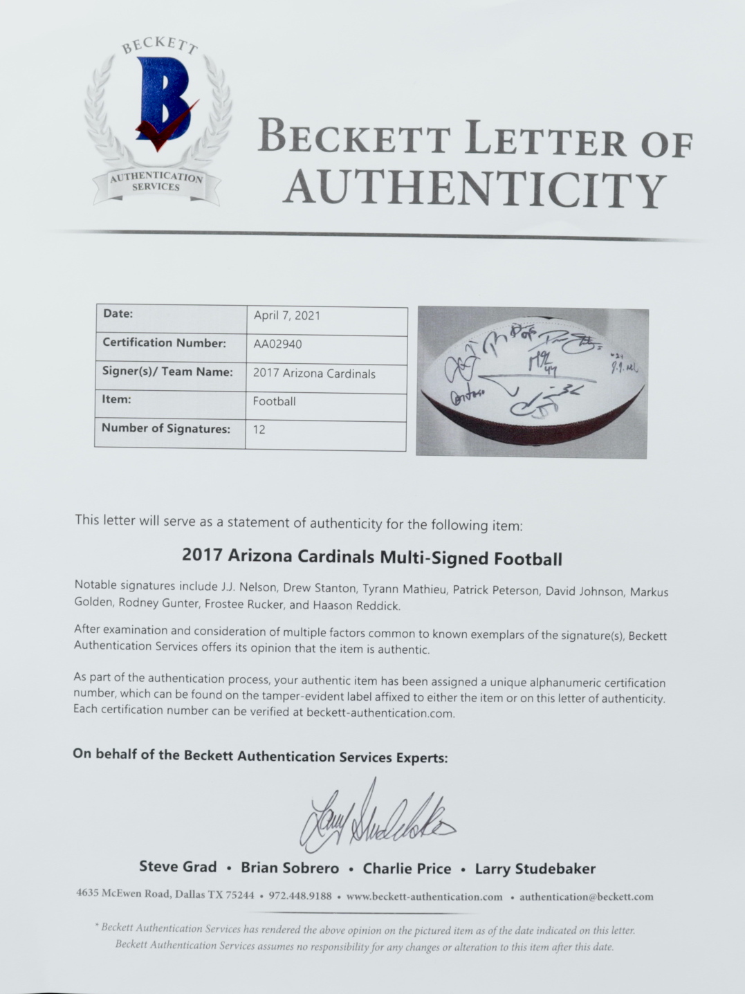 Cardinals Logo Football Signed by (12) with J.J. Nelson, Drew Stanton, Tyrann Mathieu, Patrick Peterson, David Johnson, Markus Golden (Beckett LOA) at PristineAuction.com Cardinals Logo Football Signed by (12) with J.J. Nelson, Drew Stanton, Tyrann Mathieu, Patrick Peterson, David Johnson, Markus Golden (Beckett LOA) at PristineAuction.com