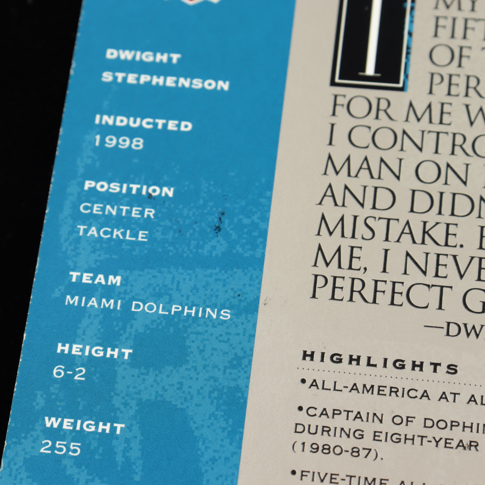 Dwight Stephenson Signed LE Hall of Fame Signature Series Football Card (NFL HOF Hologram) (See Description) at PristineAuction.com Dwight Stephenson Signed LE Hall of Fame Signature Series Football Card (NFL HOF Hologram) (See Description) at PristineAuction.com
