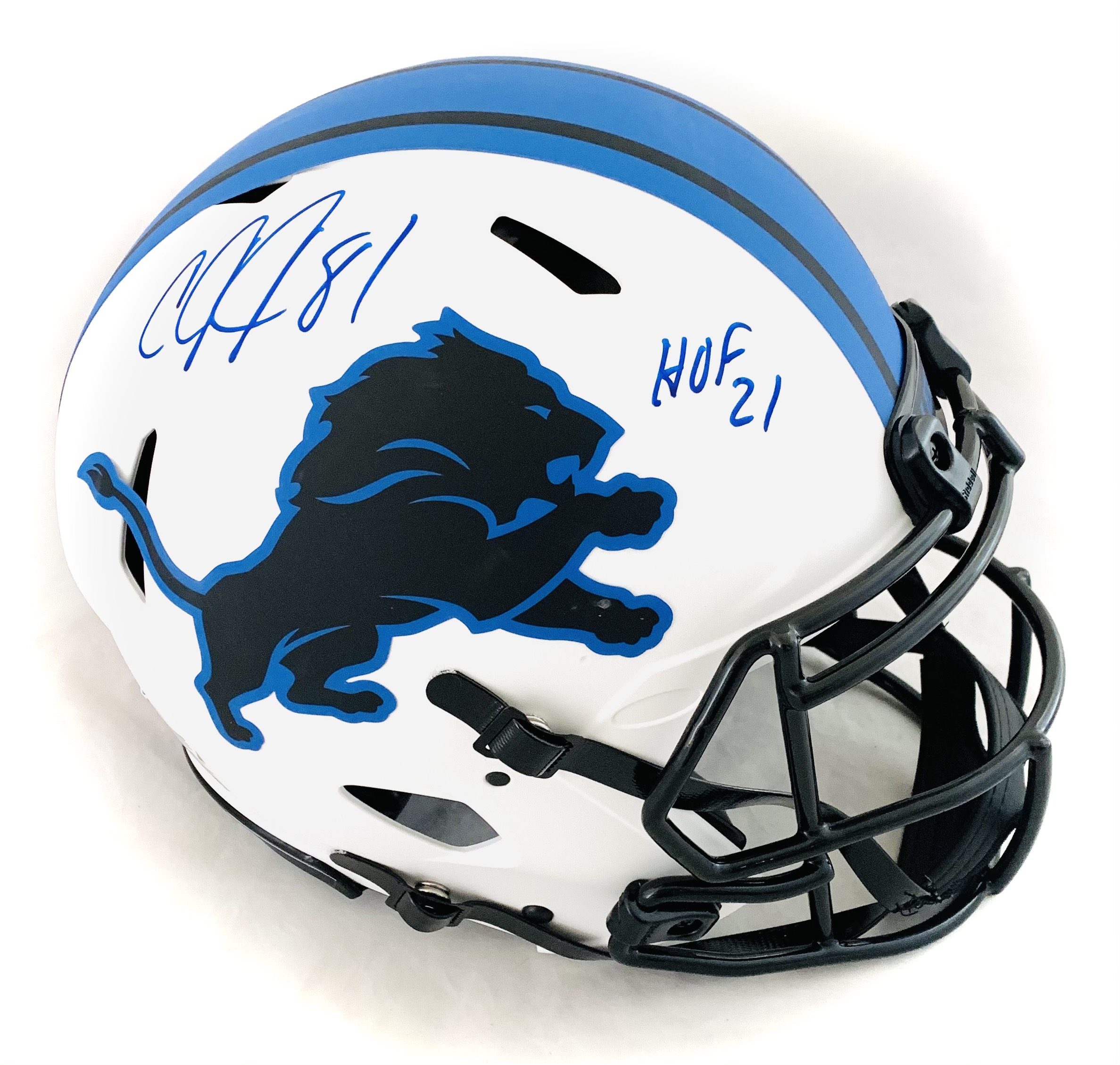 Calvin Johnson Signed Lions Full-Size Authentic On-Field Lunar Eclipse Alternate Speed Helmet Inscribed "HOF 21" (JSA) at PristineAuction.com Calvin Johnson Signed Lions Full-Size Authentic On-Field Lunar Eclipse Alternate Speed Helmet Inscribed "HOF 21" (JSA) at PristineAuction.com
