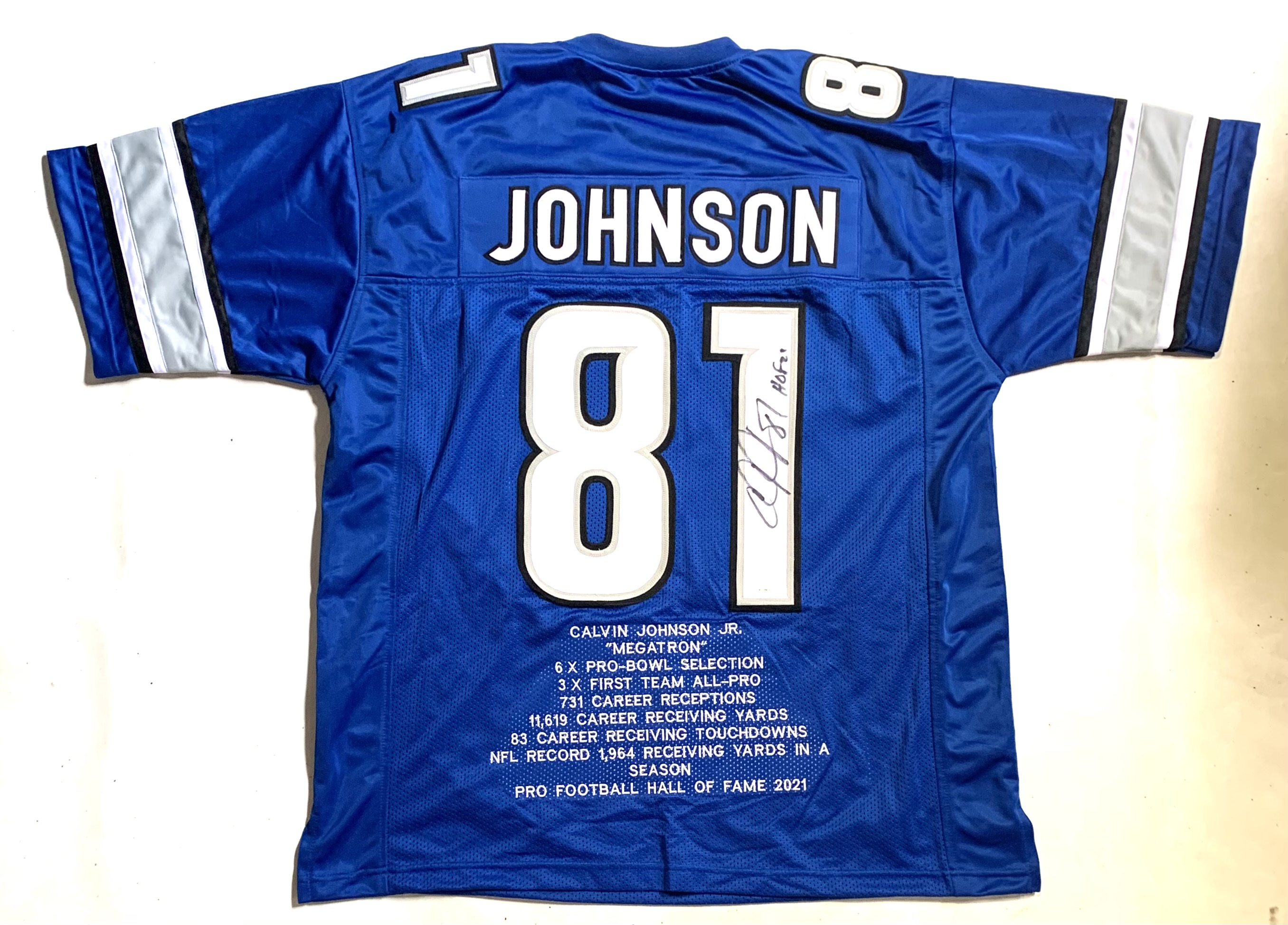 Calvin Johnson Signed Career Highlight Stat Jersey Inscribed "HOF 21" (JSA) at PristineAuction.com Calvin Johnson Signed Career Highlight Stat Jersey Inscribed "HOF 21" (JSA) at PristineAuction.com