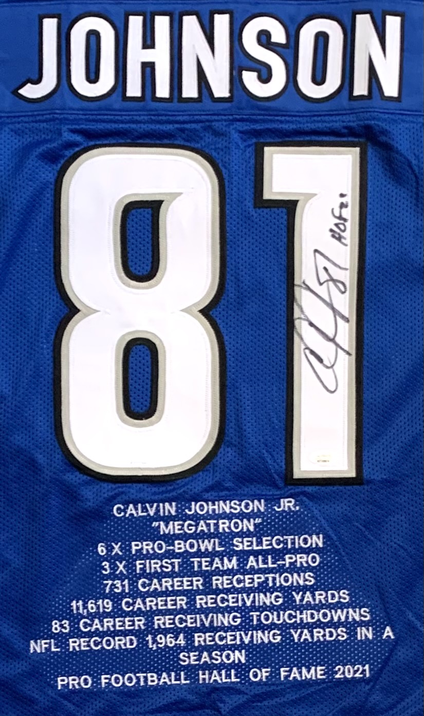 Calvin Johnson Signed Career Highlight Stat Jersey Inscribed "HOF 21" (JSA) at PristineAuction.com Calvin Johnson Signed Career Highlight Stat Jersey Inscribed "HOF 21" (JSA) at PristineAuction.com