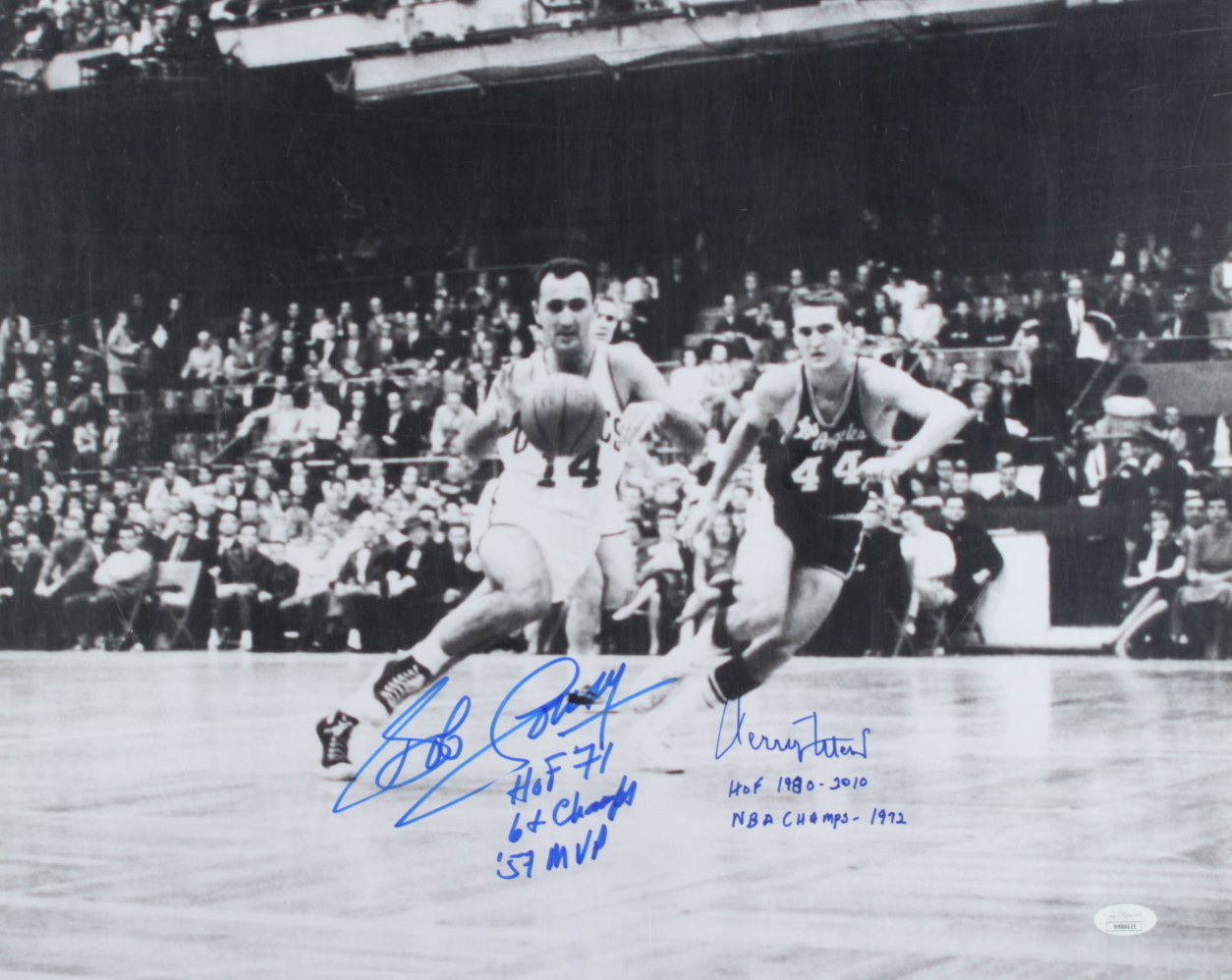 Jerry West & Bob Cousy Signed 16x20 Photo with Multiple Inscriptions (JSA COA) at PristineAuction.com Jerry West & Bob Cousy Signed 16x20 Photo with Multiple Inscriptions (JSA COA) at PristineAuction.com