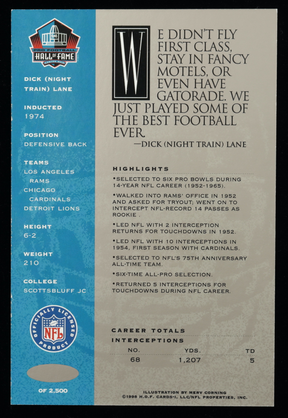 Dick "Night Train" Lane Signed LE Hall of Fame Signature Series Football Card (NFL HOF Hologram) at PristineAuction.com Dick "Night Train" Lane Signed LE Hall of Fame Signature Series Football Card (NFL HOF Hologram) at PristineAuction.com