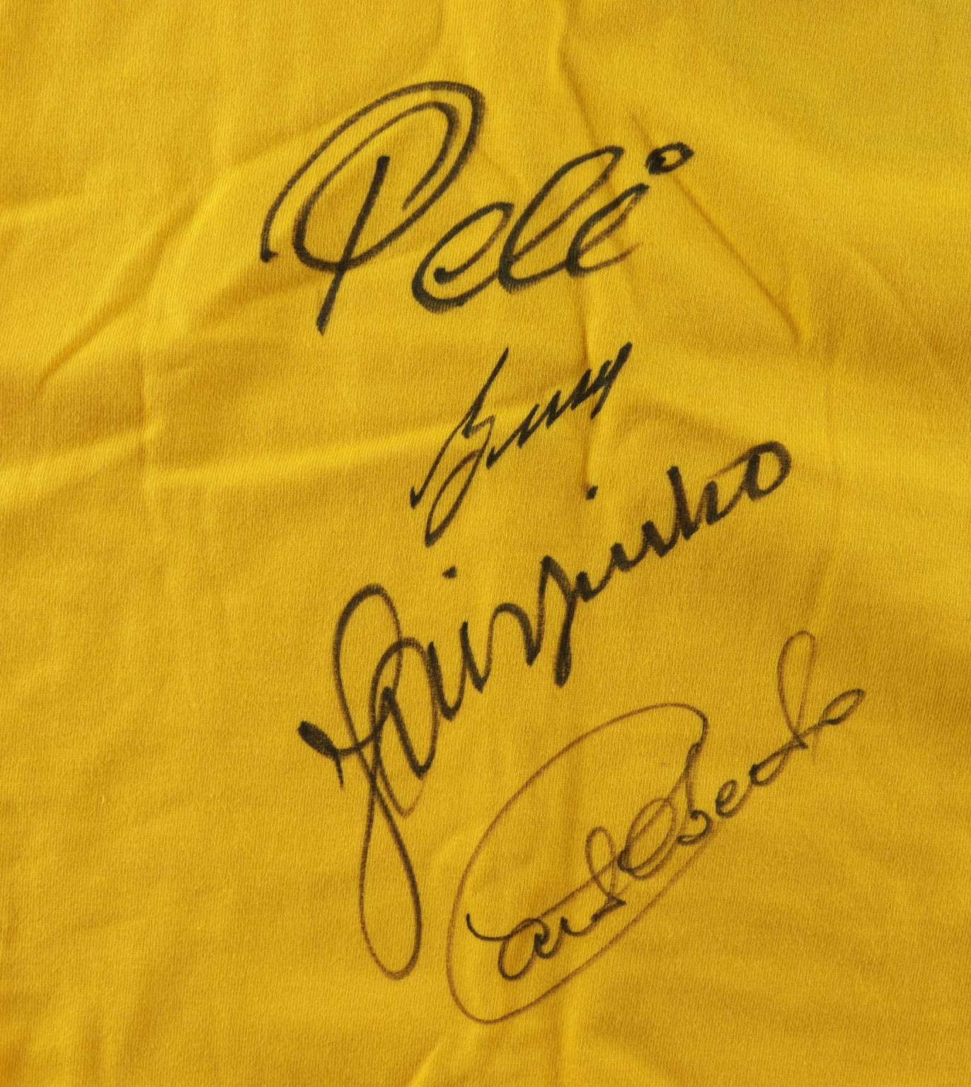1970 Team Brazil Jersey Signed By (4) With Pele, Gerson, Jairzinho, & Carlos Alberto Torres (Beckett LOA) at PristineAuction.com 1970 Team Brazil Jersey Signed By (4) With Pele, Gerson, Jairzinho, & Carlos Alberto Torres (Beckett LOA) at PristineAuction.com