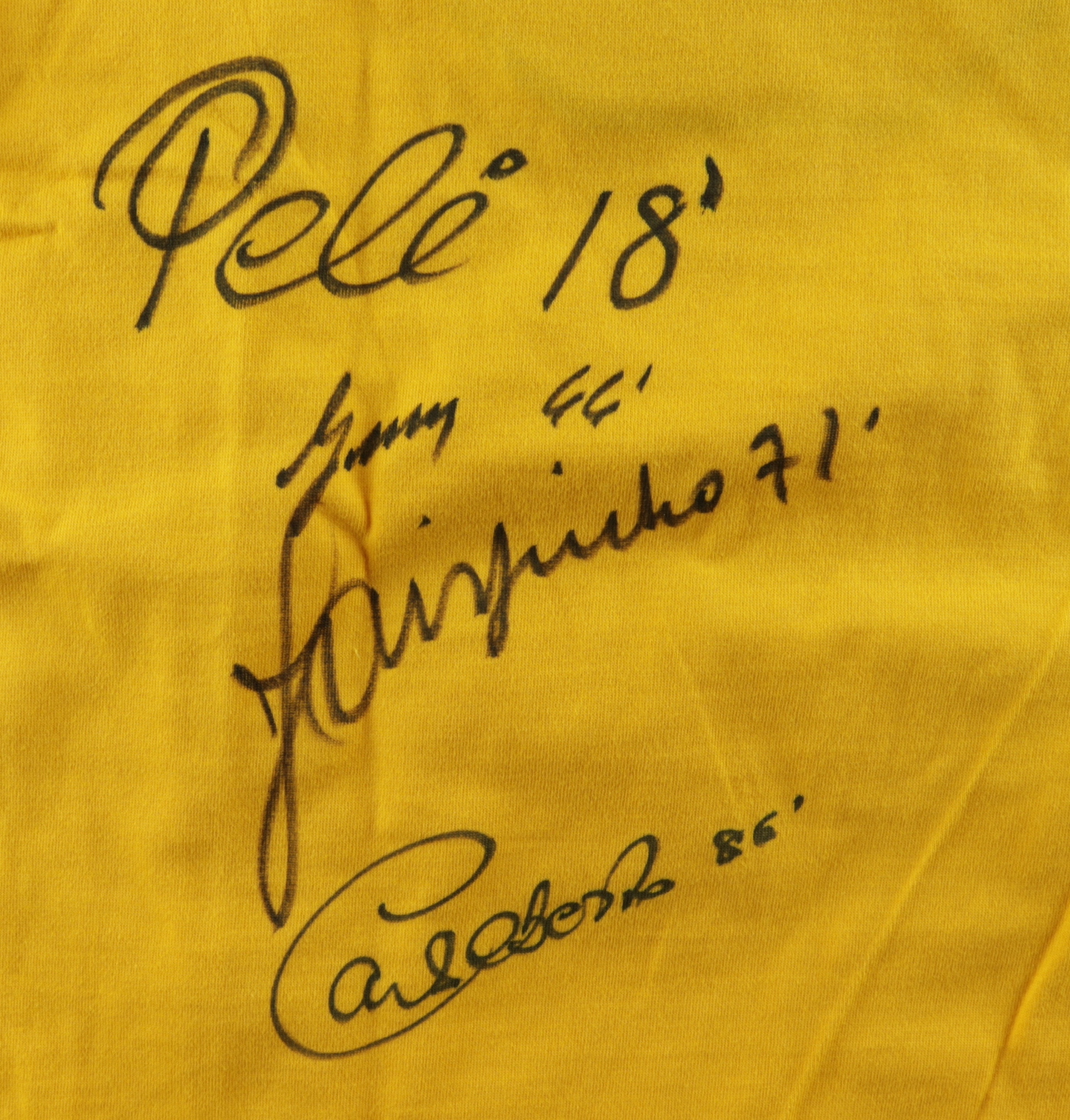 1970 Team Brazil Jersey Signed By (4) With Pele, Gerson, Jairzinho, & Carlos Alberto Torres (Beckett LOA) at PristineAuction.com 1970 Team Brazil Jersey Signed By (4) With Pele, Gerson, Jairzinho, & Carlos Alberto Torres (Beckett LOA) at PristineAuction.com