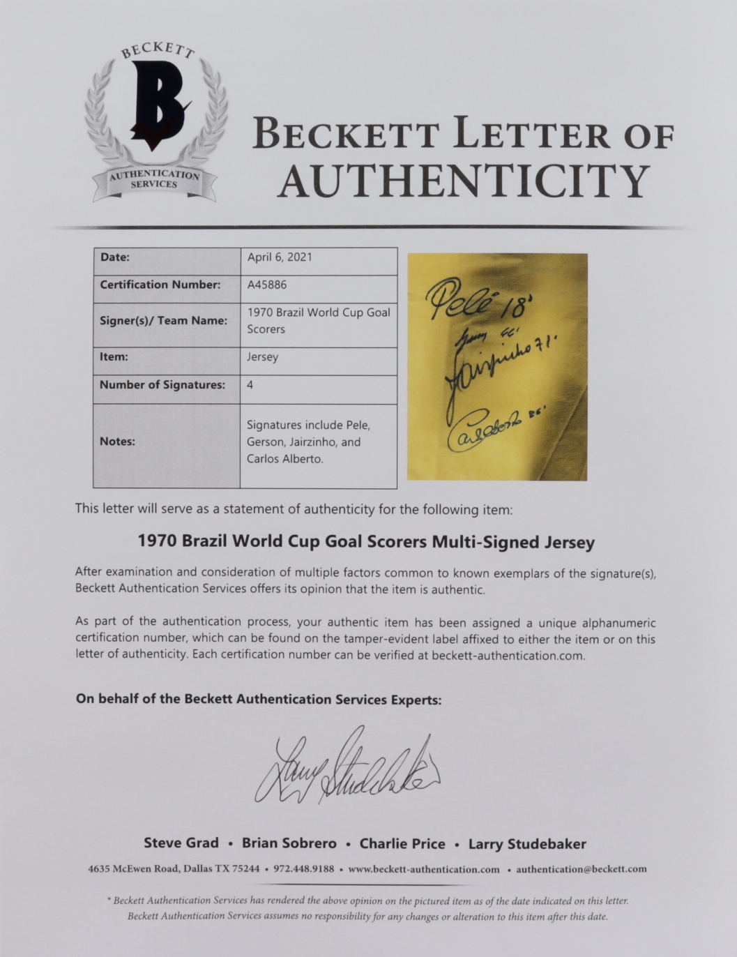 1970 Team Brazil Jersey Signed By (4) With Pele, Gerson, Jairzinho, & Carlos Alberto Torres (Beckett LOA) at PristineAuction.com 1970 Team Brazil Jersey Signed By (4) With Pele, Gerson, Jairzinho, & Carlos Alberto Torres (Beckett LOA) at PristineAuction.com