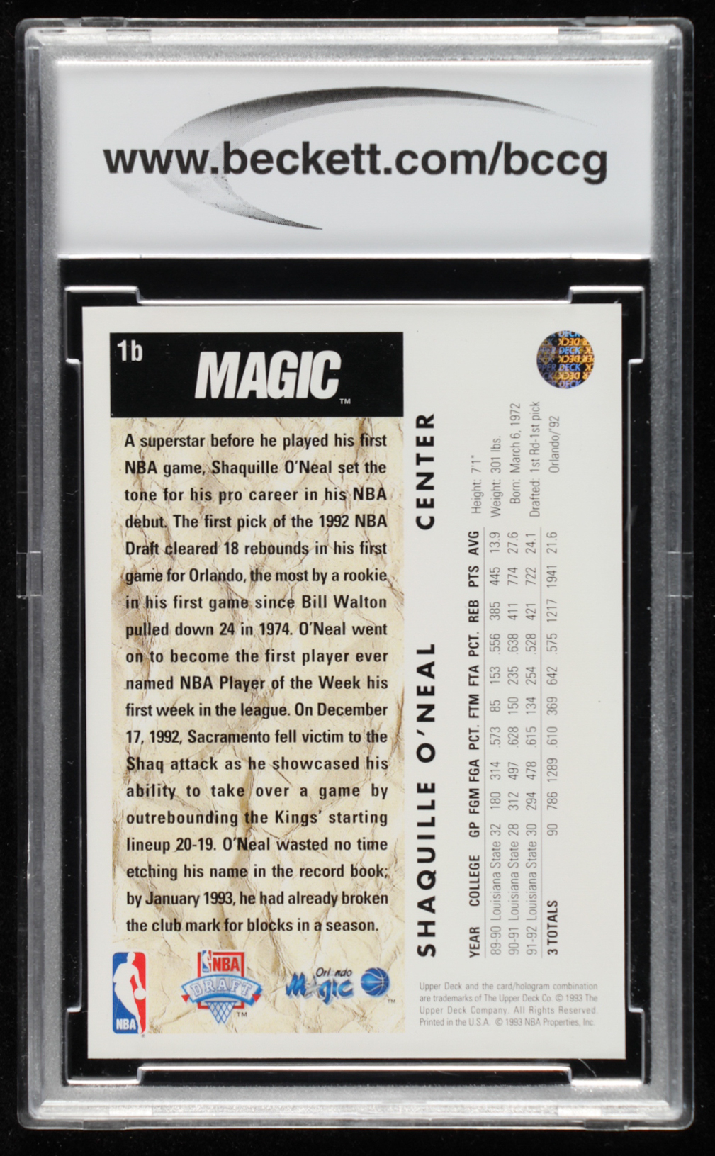 Shaquille O'Neal 1992-93 Upper Deck #1B TRADE (BCCG 10) at PristineAuction.com Shaquille O'Neal 1992-93 Upper Deck #1B TRADE (BCCG 10) at PristineAuction.com
