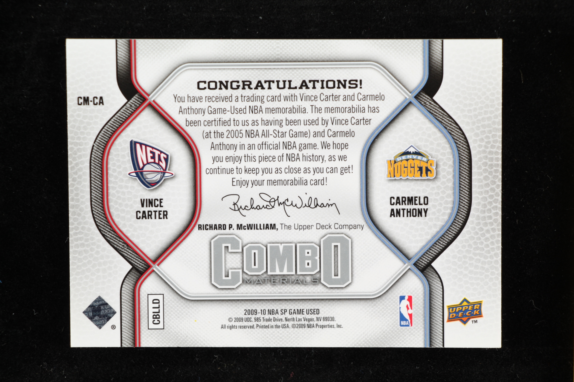Vince Carter / Carmelo Anthony 2009-10 SP Game Used Combo Materials #CMCA at PristineAuction.com Vince Carter / Carmelo Anthony 2009-10 SP Game Used Combo Materials #CMCA at PristineAuction.com