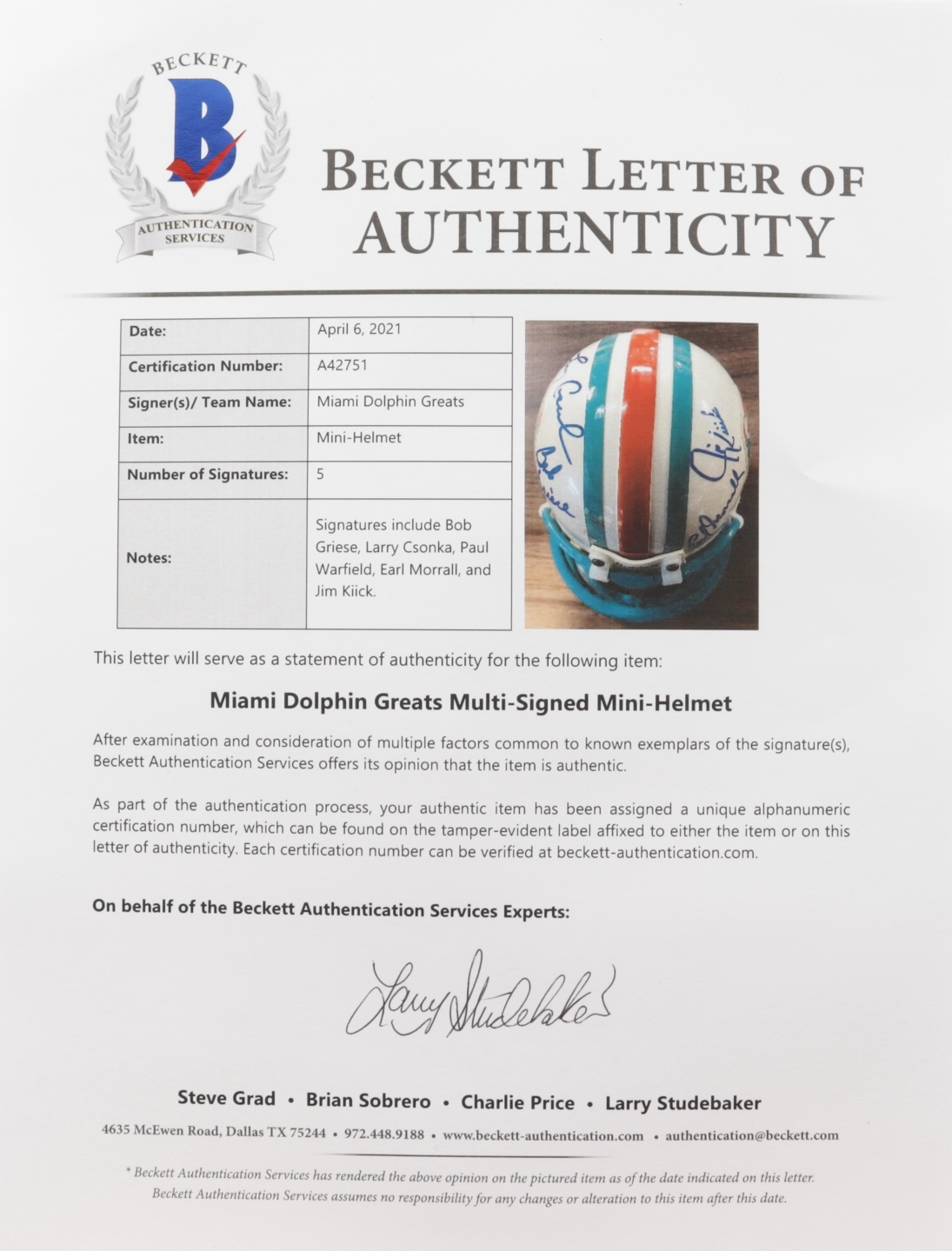 Dolphins Mini Helmet Signed by (5) with Bob Griese, Larry Csonka, Paul Warfield, Earl Morrall, & Jim Kiick (Beckett LOA) (See Description) at PristineAuction.com Dolphins Mini Helmet Signed by (5) with Bob Griese, Larry Csonka, Paul Warfield, Earl Morrall, & Jim Kiick (Beckett LOA) (See Description) at PristineAuction.com
