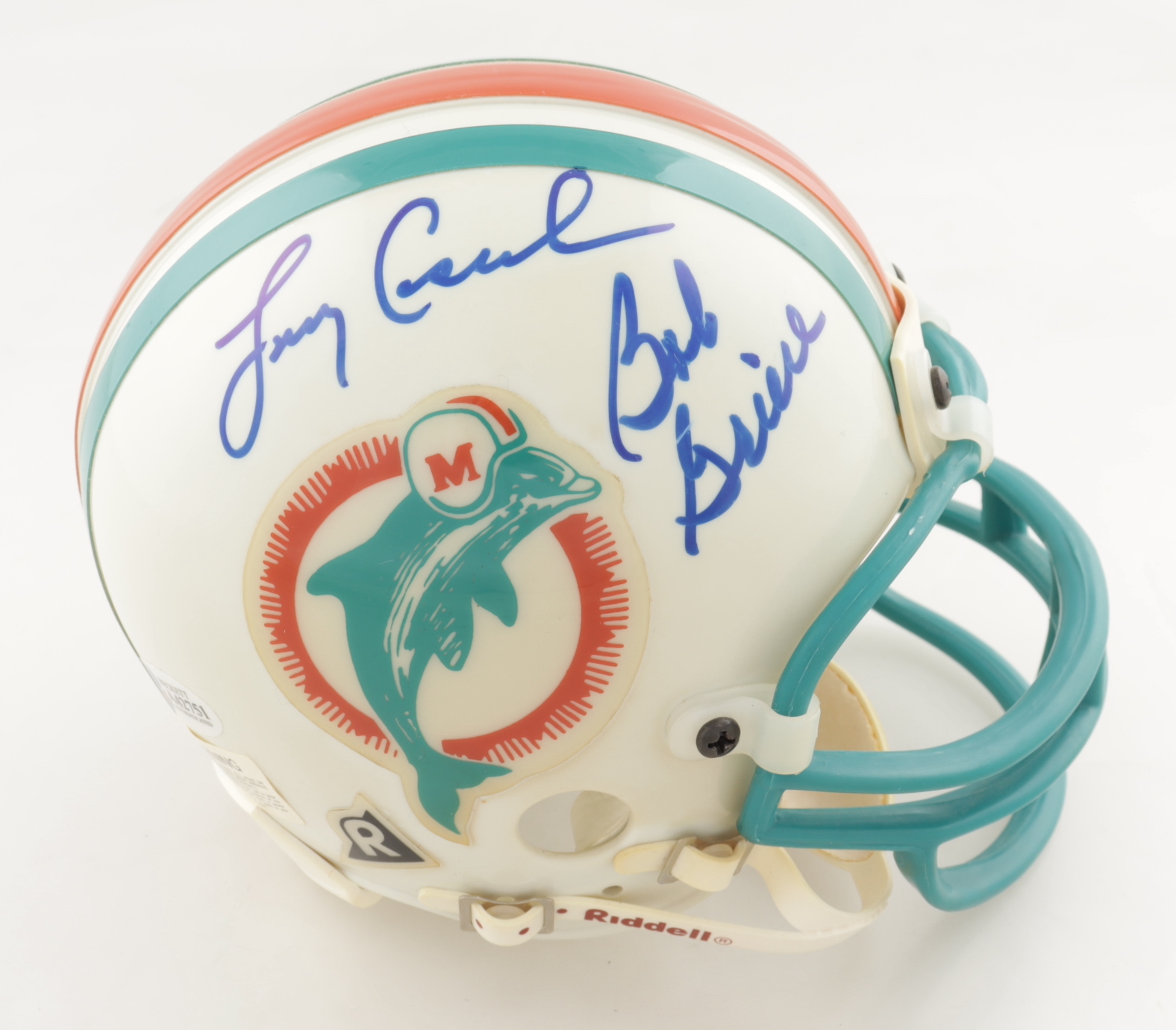 Dolphins Mini Helmet Signed by (5) with Bob Griese, Larry Csonka, Paul Warfield, Earl Morrall, & Jim Kiick (Beckett LOA) (See Description) at PristineAuction.com Dolphins Mini Helmet Signed by (5) with Bob Griese, Larry Csonka, Paul Warfield, Earl Morrall, & Jim Kiick (Beckett LOA) (See Description) at PristineAuction.com