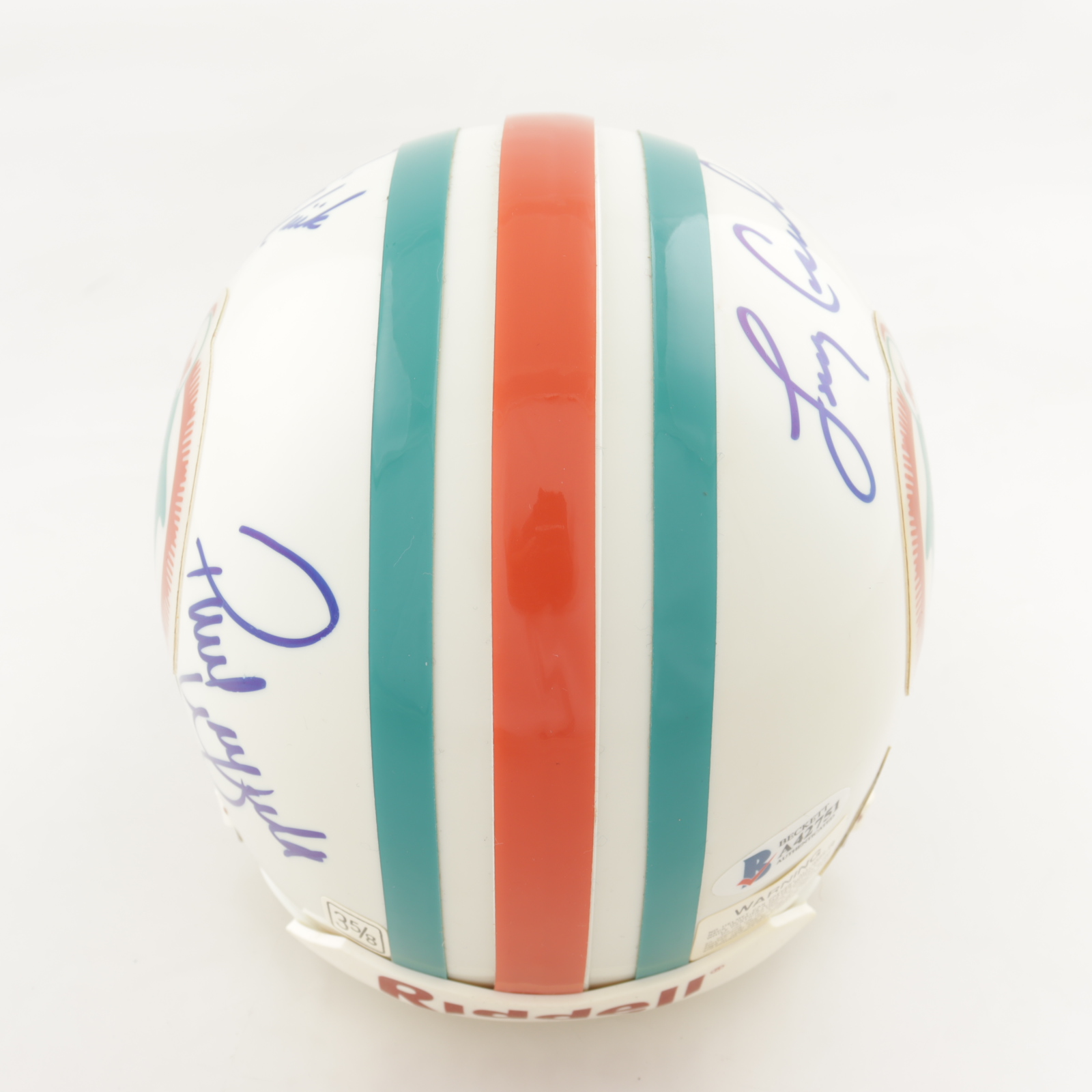 Dolphins Mini Helmet Signed by (5) with Bob Griese, Larry Csonka, Paul Warfield, Earl Morrall, & Jim Kiick (Beckett LOA) (See Description) at PristineAuction.com Dolphins Mini Helmet Signed by (5) with Bob Griese, Larry Csonka, Paul Warfield, Earl Morrall, & Jim Kiick (Beckett LOA) (See Description) at PristineAuction.com