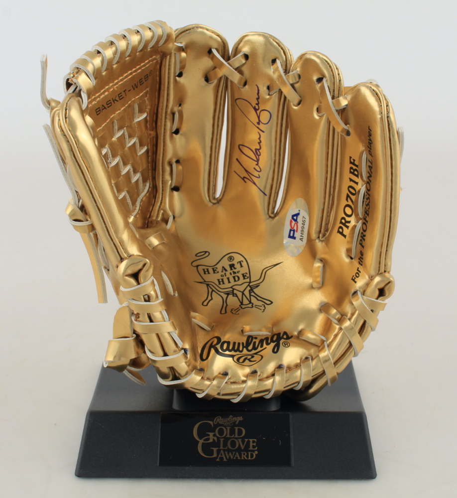 Nolan Ryan Signed Rawlings Mini Gold Baseball Glove with Display Stand