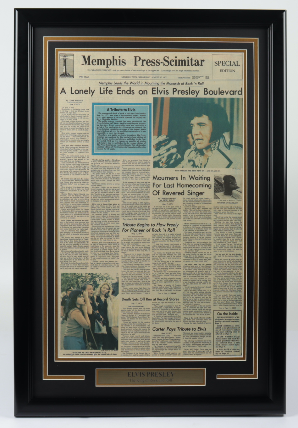 Elvis Presley "Memphis Press-Scimitar" 20.5x30.5 Custom Framed Original Death Day Newspaper Display (See Description) at PristineAuction.com Elvis Presley "Memphis Press-Scimitar" 20.5x30.5 Custom Framed Original Death Day Newspaper Display (See Description) at PristineAuction.com