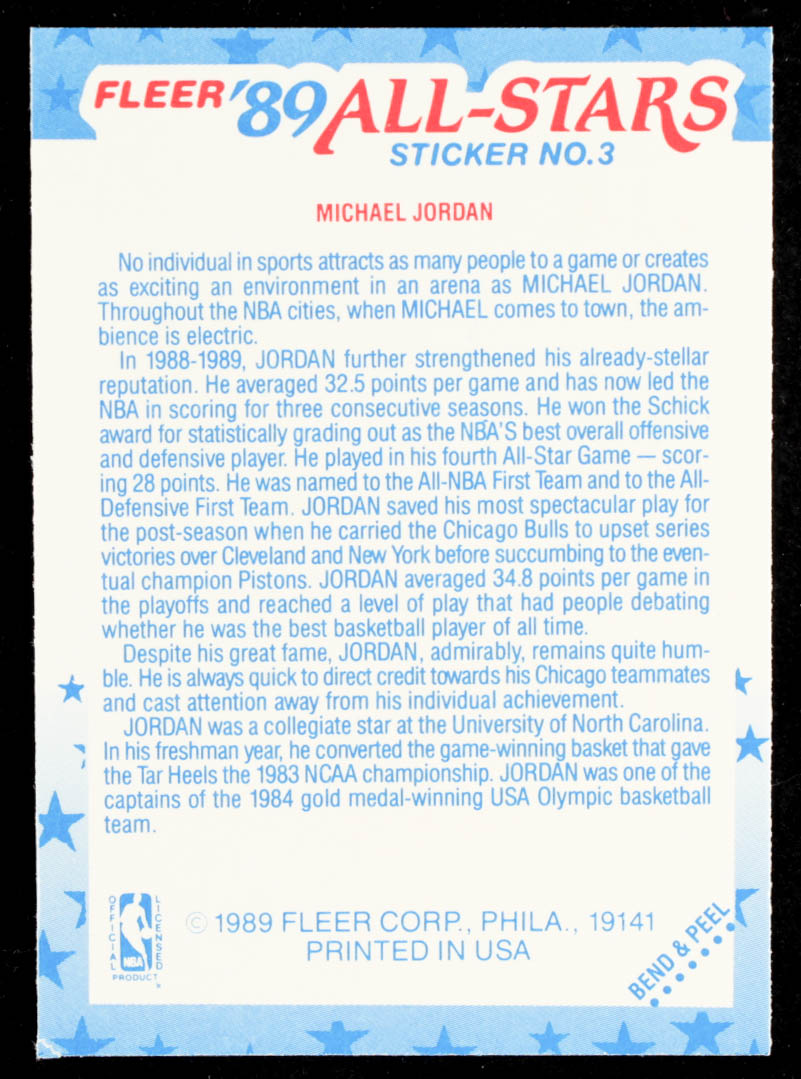 Michael Jordan 1989-90 Fleer Stickers #3 at PristineAuction.com Michael Jordan 1989-90 Fleer Stickers #3 at PristineAuction.com