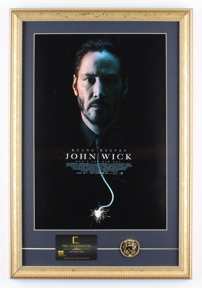 "John Wick" 15x22 Custom Framed Movie Poster Display with Movie Prop Replica Gold Coin & Continental Hotel Keycard (See Description) at PristineAuction.com "John Wick" 15x22 Custom Framed Movie Poster Display with Movie Prop Replica Gold Coin & Continental Hotel Keycard (See Description) at PristineAuction.com