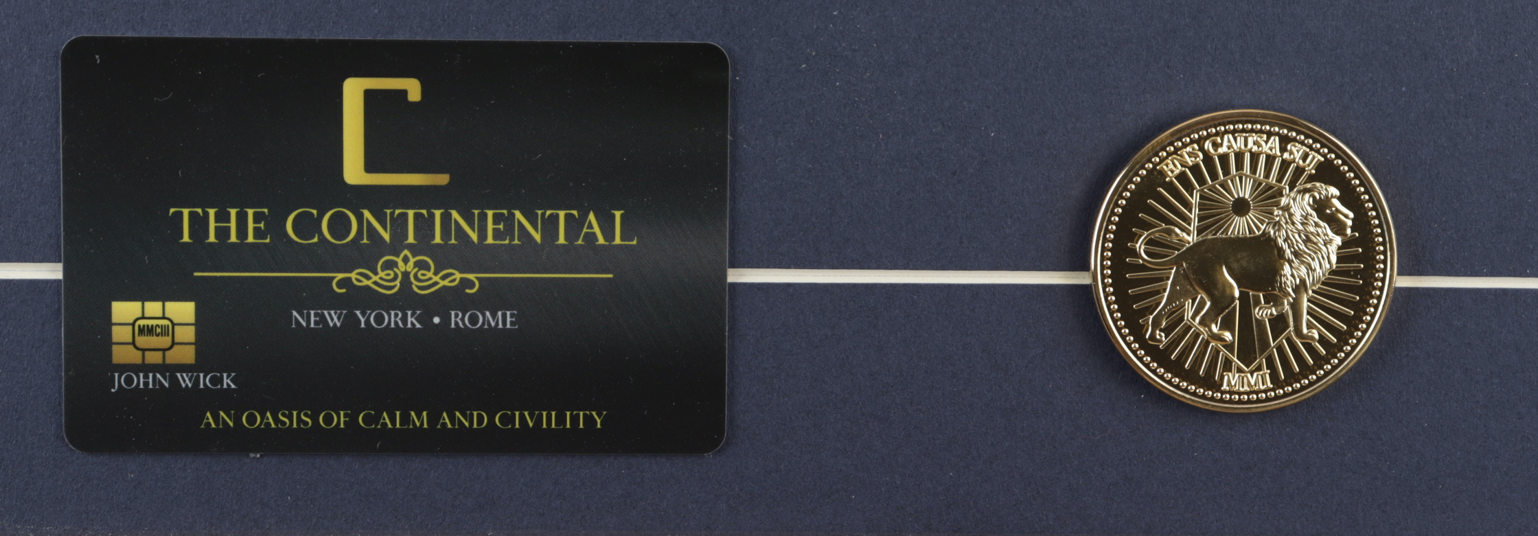 "John Wick" 15x22 Custom Framed Movie Poster Display with Movie Prop Replica Gold Coin & Continental Hotel Keycard (See Description) at PristineAuction.com "John Wick" 15x22 Custom Framed Movie Poster Display with Movie Prop Replica Gold Coin & Continental Hotel Keycard (See Description) at PristineAuction.com